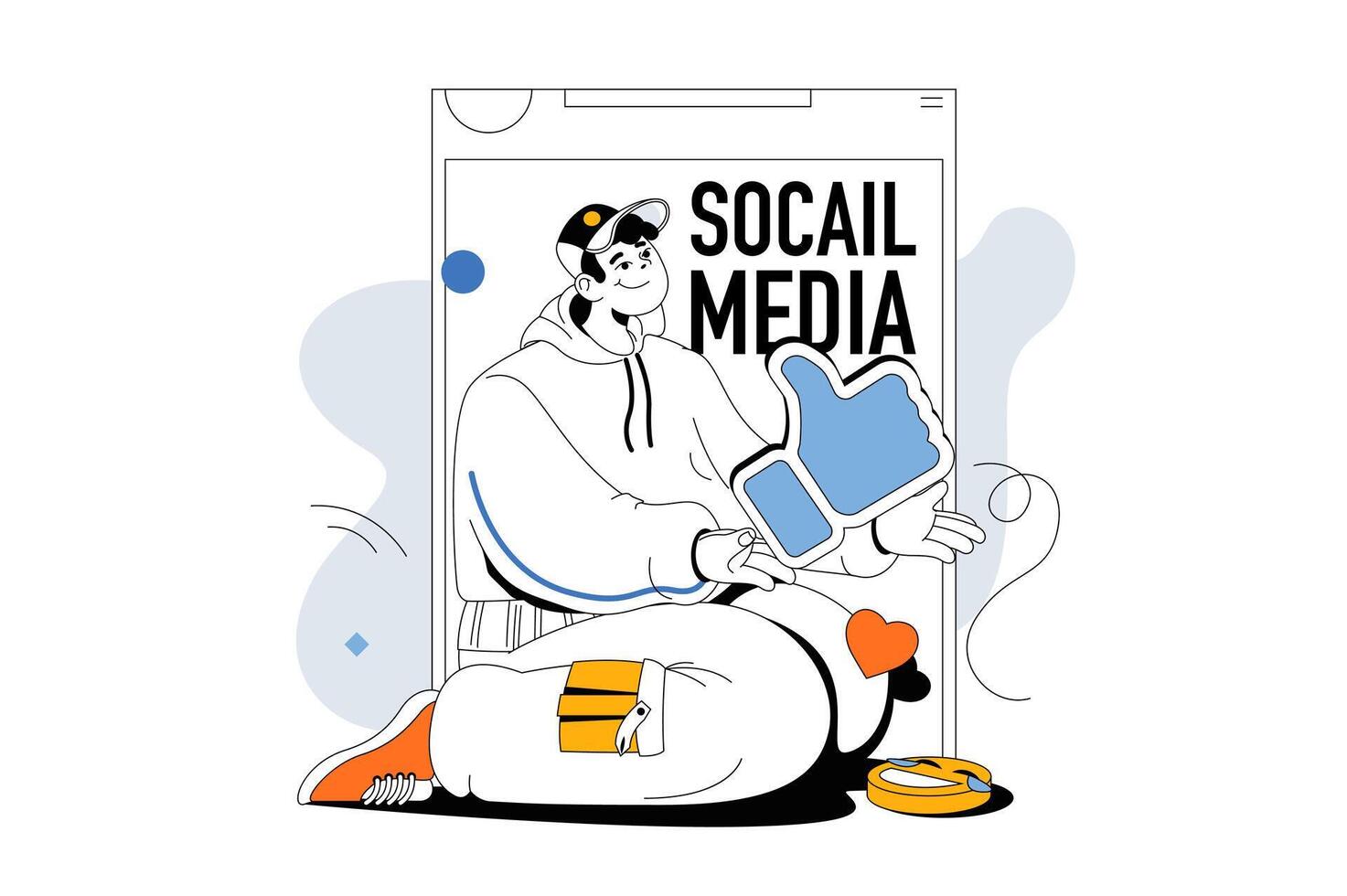 Social media concept with people scene in flat line design for web. Man making post, likes and leaves comments, chatting with friends. Vector illustration for social media banner, marketing material.