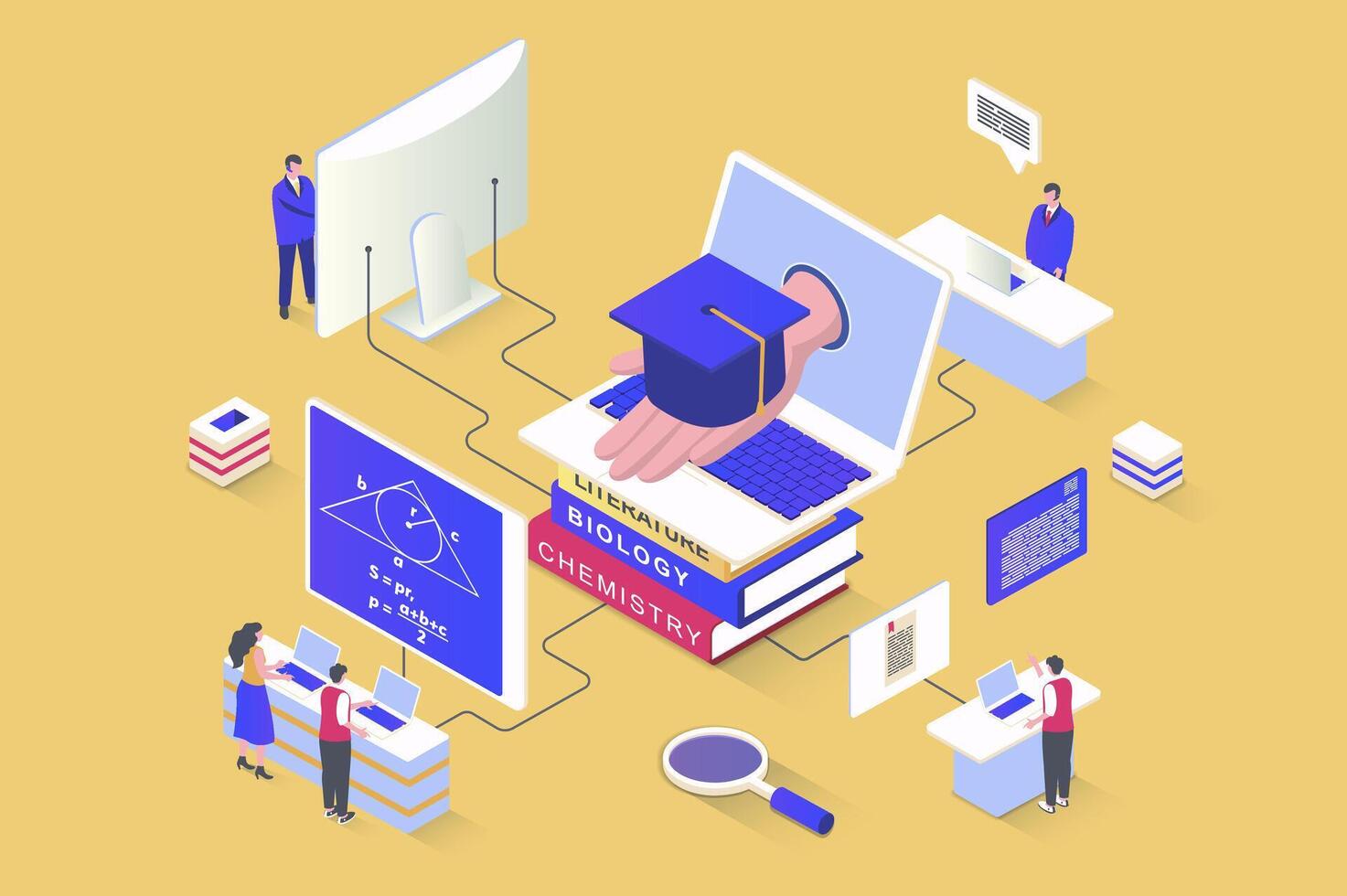 Online education concept in 3d isometric design. Students study, gain knowledge and skills, watch video lectures, graduate university. Vector illustration with isometry people scene for web graphic