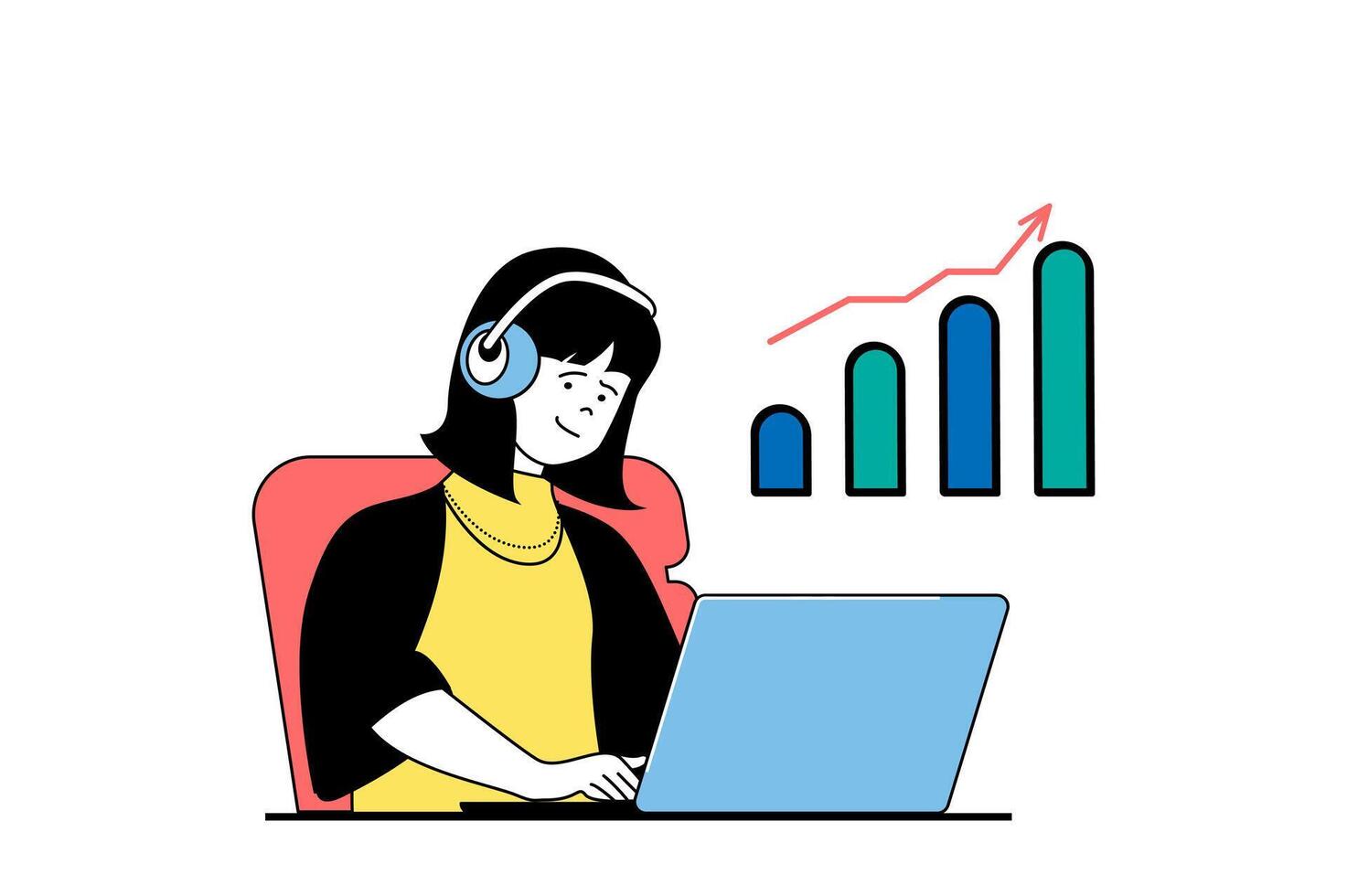 Data analysis concept with people scene in flat web design. Woman working at laptop with statistic database and researching graphs. Vector illustration for social media banner, marketing material.
