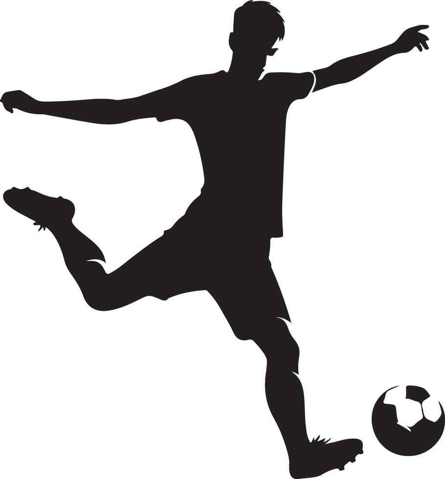 minimal Young soccer player kicking a ball pose vector silhouette, black color silhouette 3