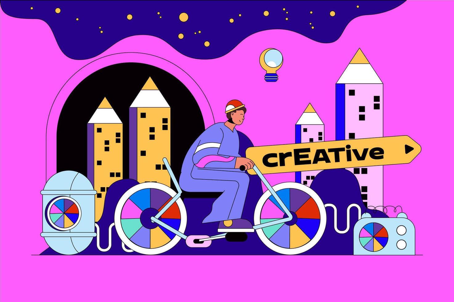 Creative process web concept with character scene. Man brainstorming, generates ideas and creating trendy art content. People situation in flat design. Vector illustration for marketing material.