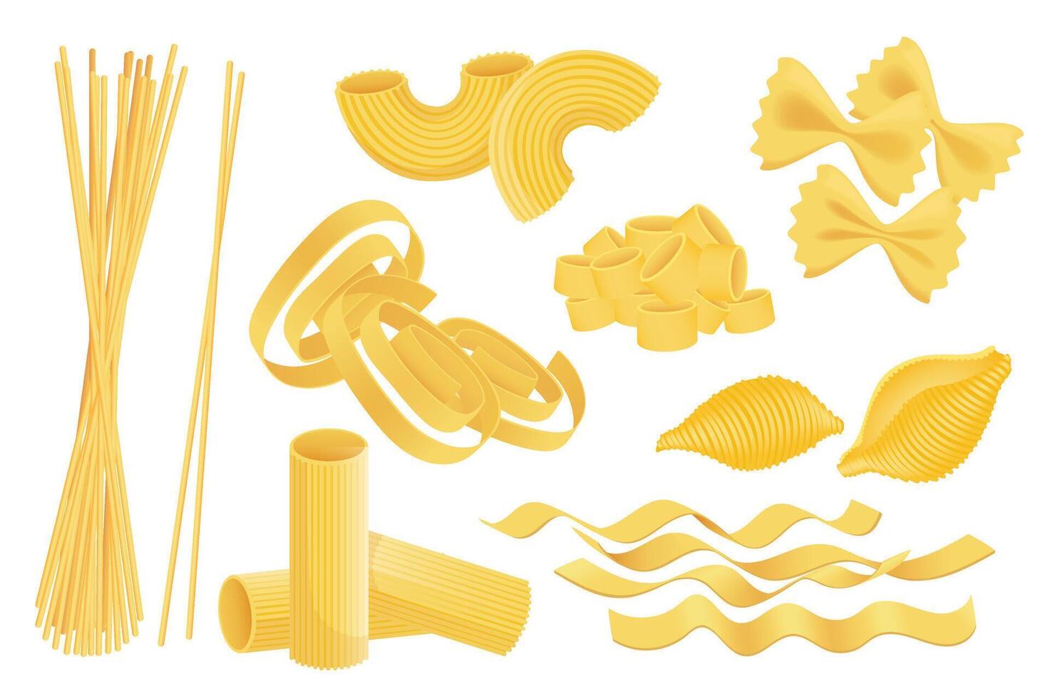 Italian pasta mega set in graphic flat design. Bundle elements of spaghetti, macaroni, noodle, farfalle, conchiglie, fettuccine and other uncooked product types. Vector illustration isolated objects
