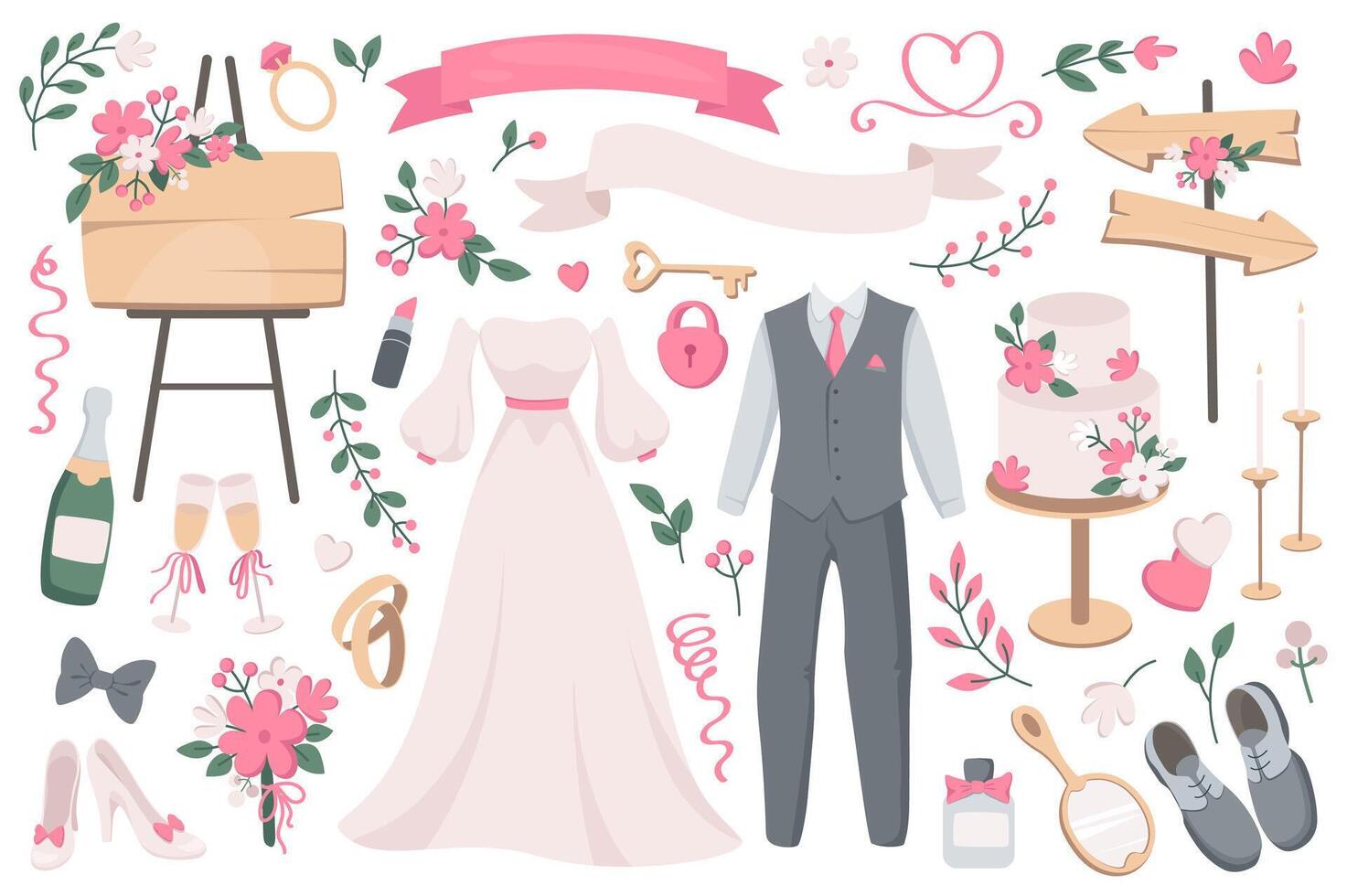 Wedding objects mega set in graphic flat design. Bundle elements of bride dress, groom suit, empty ribbons, flowers bouquet, champagne, glasses, rings, other. Vector illustration isolated stickers