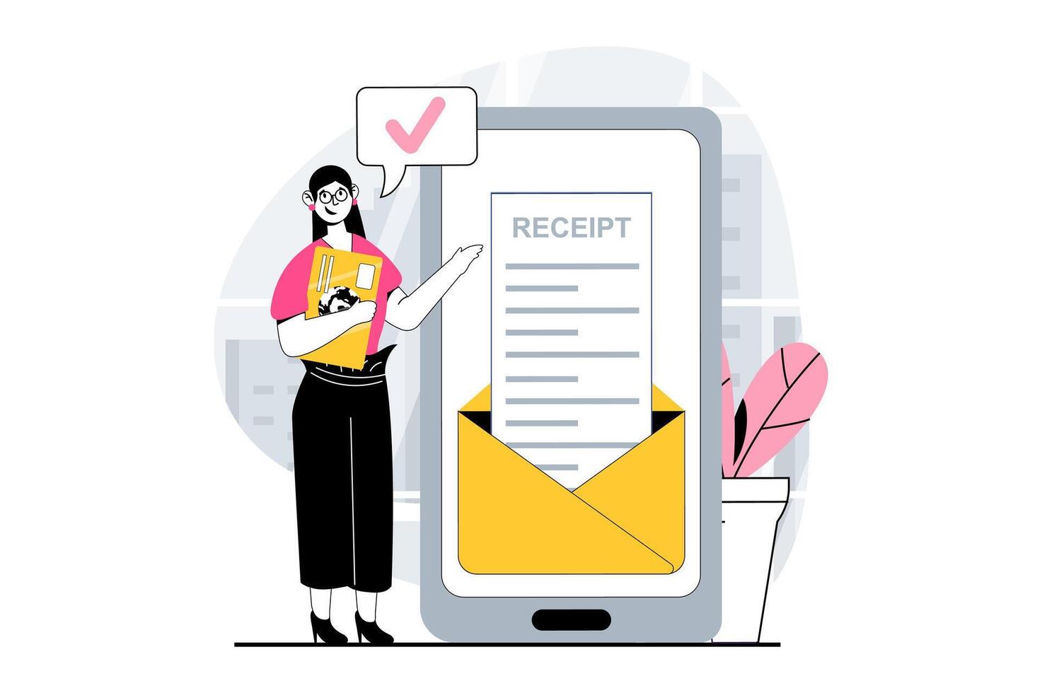 Electronic receipt concept with people scene in flat design for web. Woman making transactions with credit card and receiving check. Vector illustration for social media banner, marketing material.