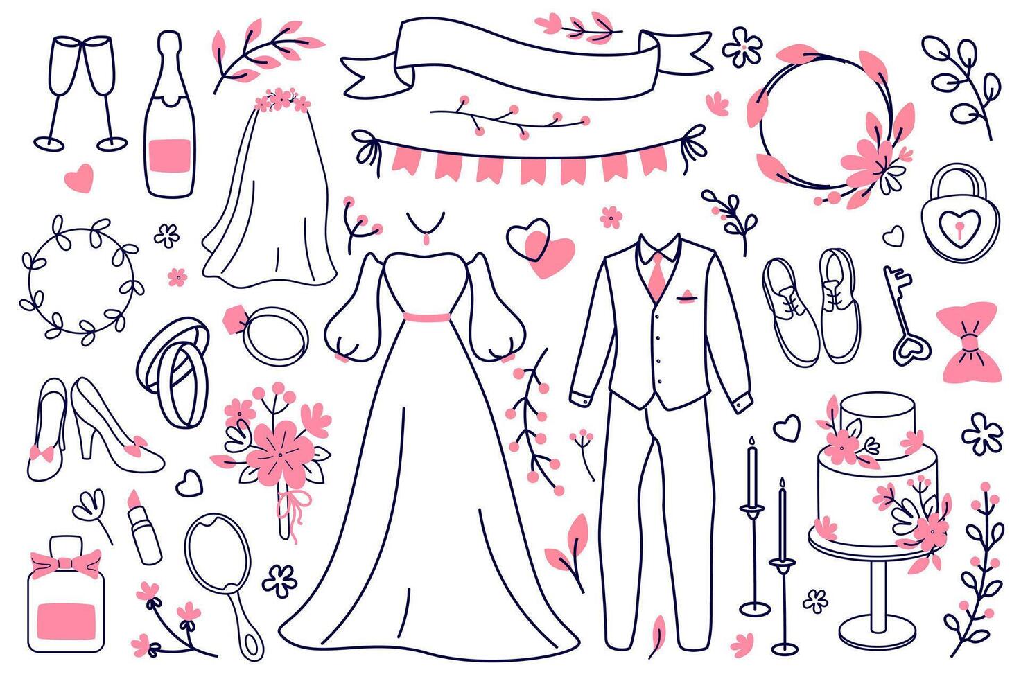 Wedding outline objects mega set in graphic flat design. Bundle elements of bride dress, groom suit, flowers, champagne, glasses, rings, cake, other line signs. Vector illustration isolated stickers