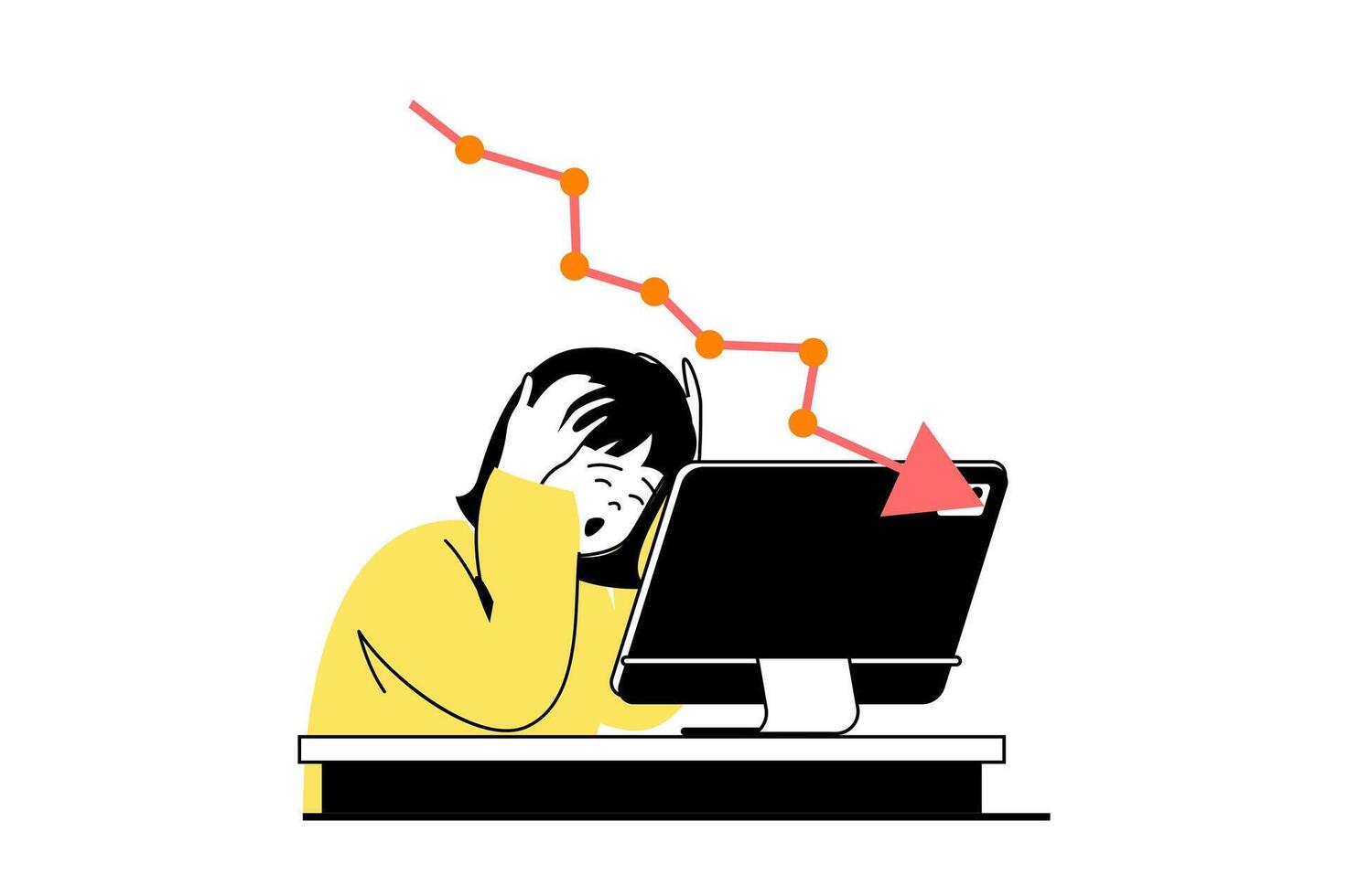 Crisis management concept with people scene in flat web design. Despair woman gets bankruptcy challenge and financial recession arrow. Vector illustration for social media banner, marketing material.