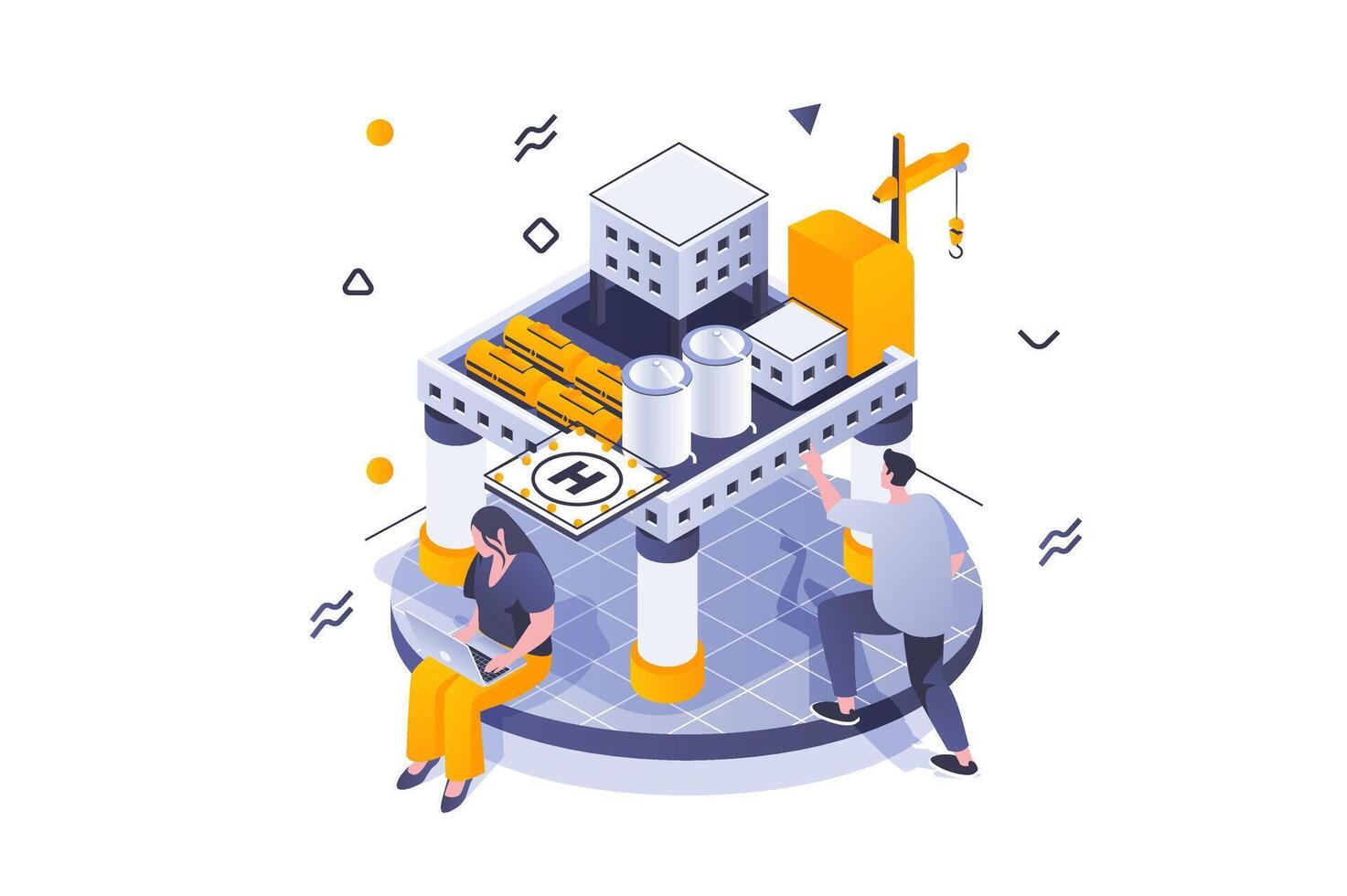 Oil Industry concept in 3d isometric design. Engineers work at industrial plant station with machinery for production and fuel storage. Vector illustration with isometric people scene for web graphic