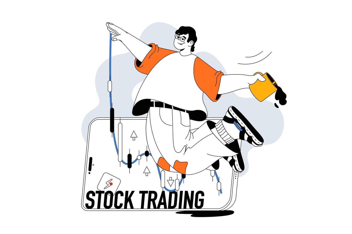 Stock trading concept with people scene in flat line design for web. Man trading on exchange market, investing money, earning profit. Vector illustration for social media banner, marketing material.