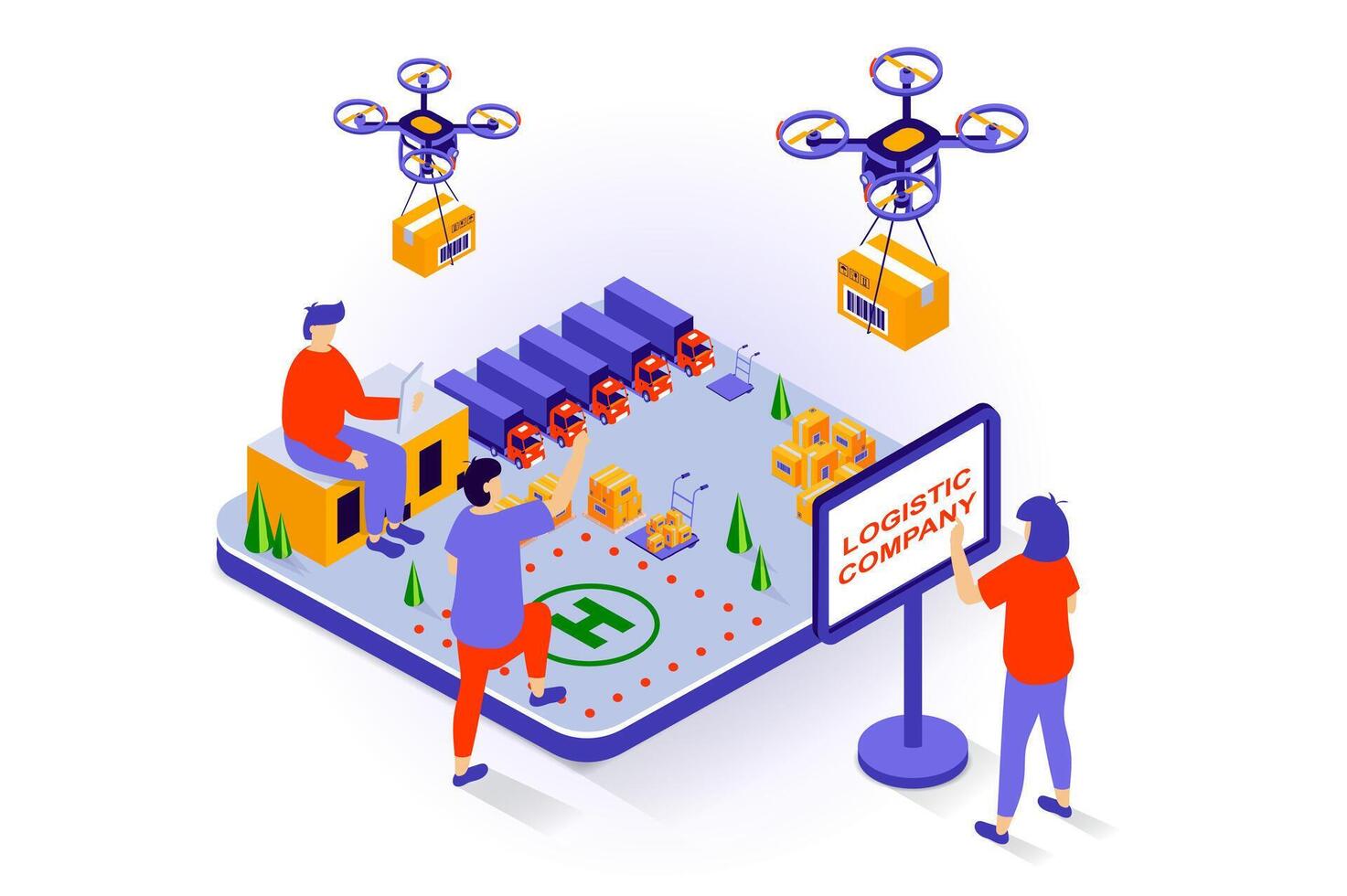 transporte y logística concepto en 3d isométrica diseño. personas trabajo a almacén en entrega empresa con camión Envío y volador drones vector ilustración con isometria escena para web gráfico