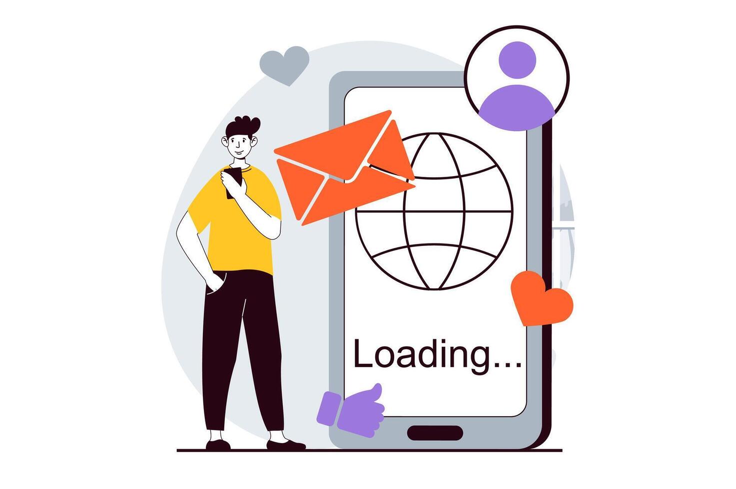 Social network concept with people scene in flat design for web. Man browsing in mobile app, sending emails, leaving comments or likes. Vector illustration for social media banner, marketing material.