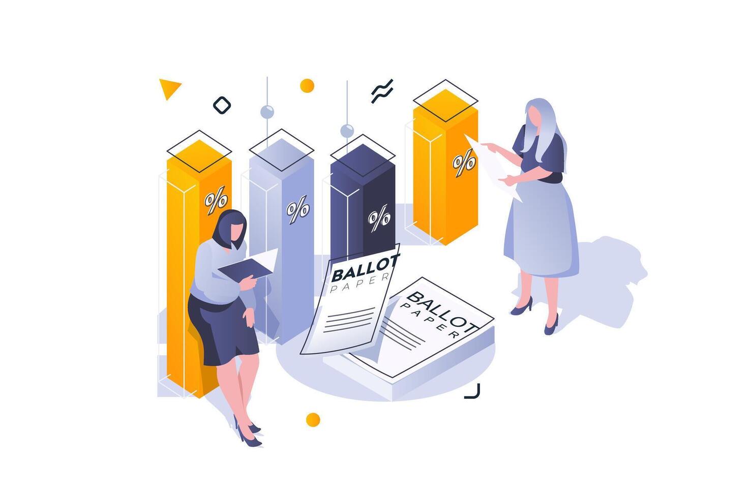 Election and voting concept in 3d isometric design. Women counting exit poll or voting results and show data at bar charts percentage. Vector illustration with isometric people scene for web graphic
