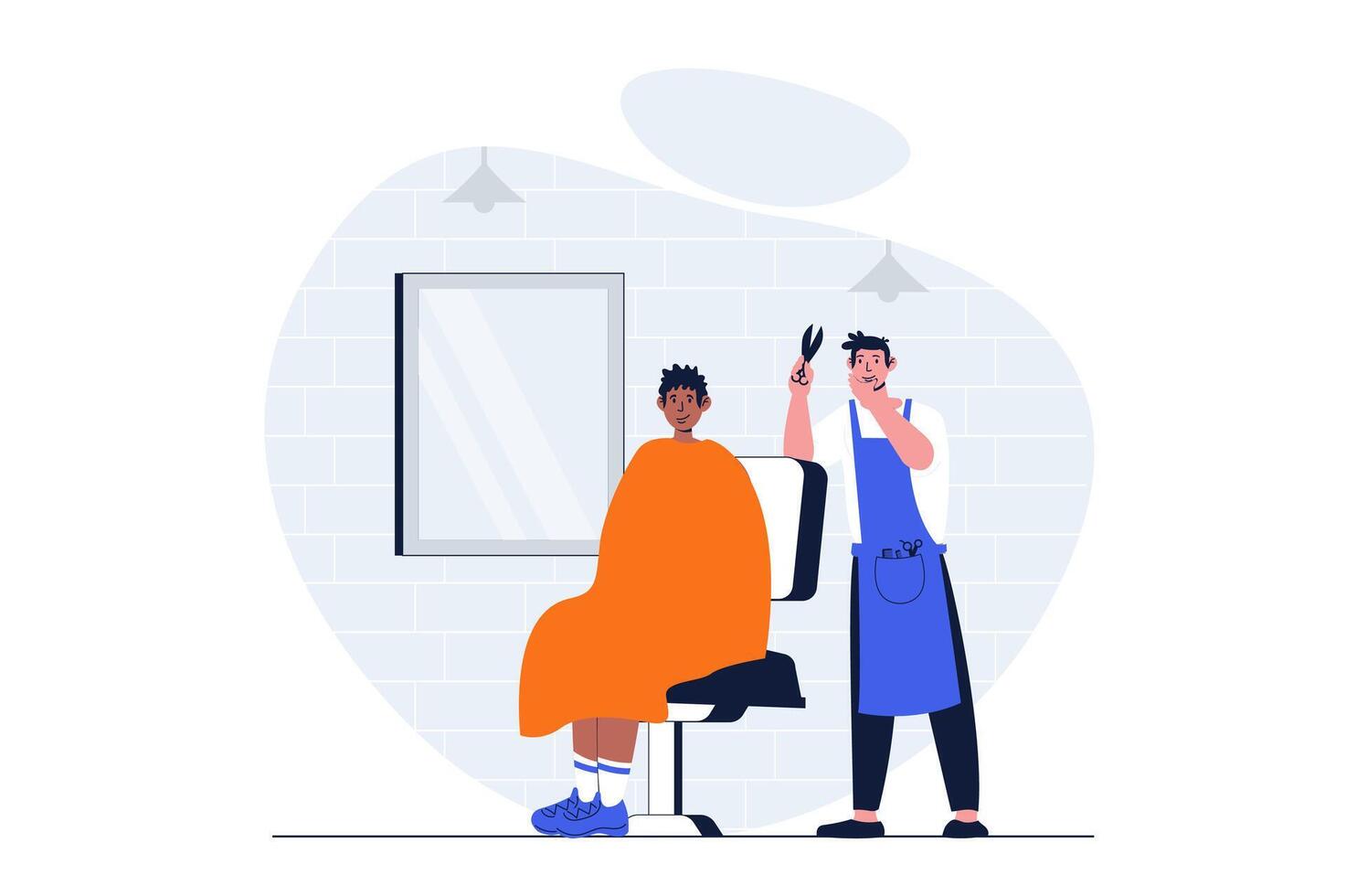 Beauty salon web concept with character scene. Man getting haircut and hair styling from barber in barbershop. People situation in flat design. Vector illustration for social media marketing material.