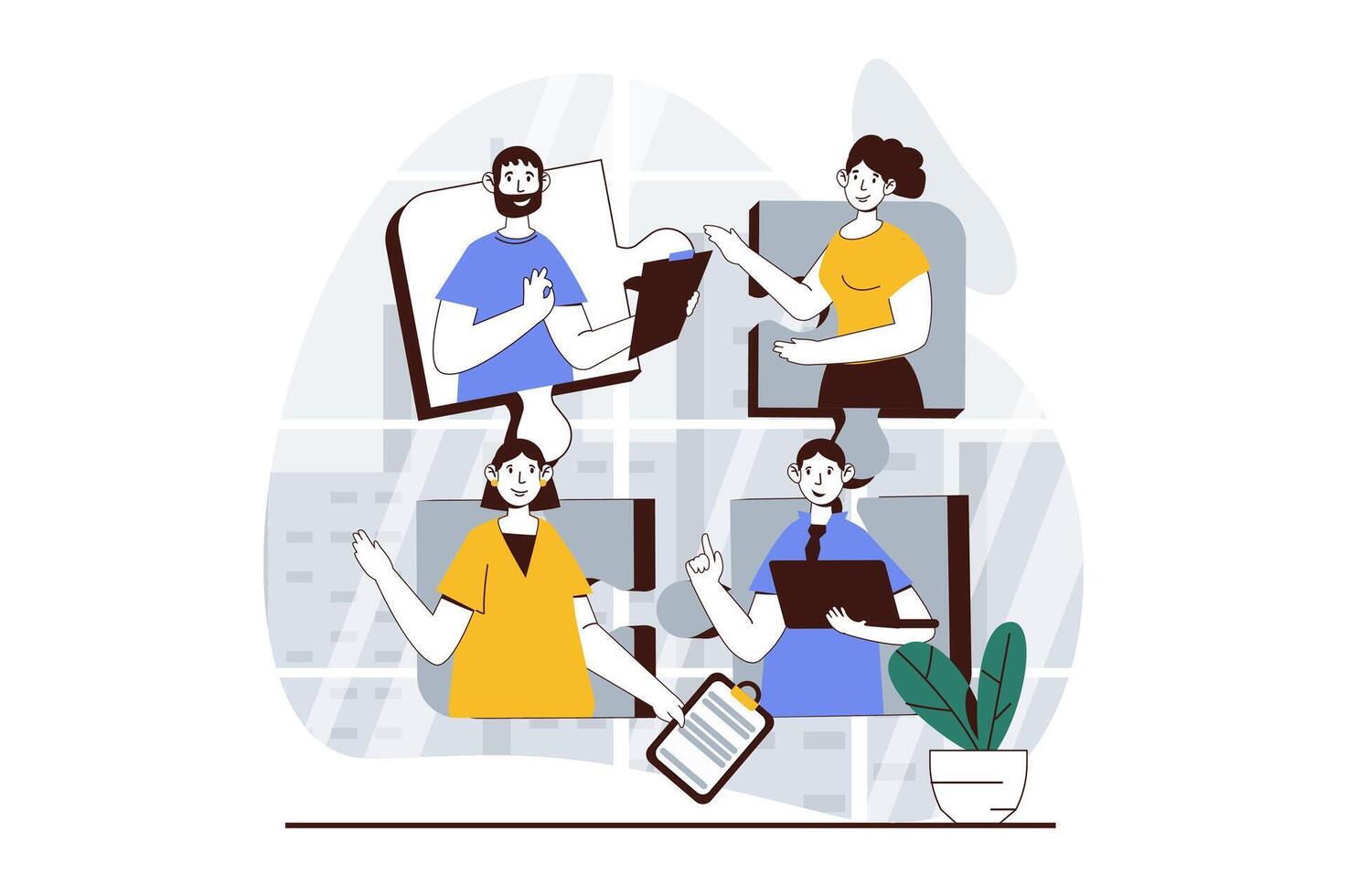 Teamwork concept with people scene in flat design for web. Man and woman working in team, discussing project parts and making tasks. Vector illustration for social media banner, marketing material.