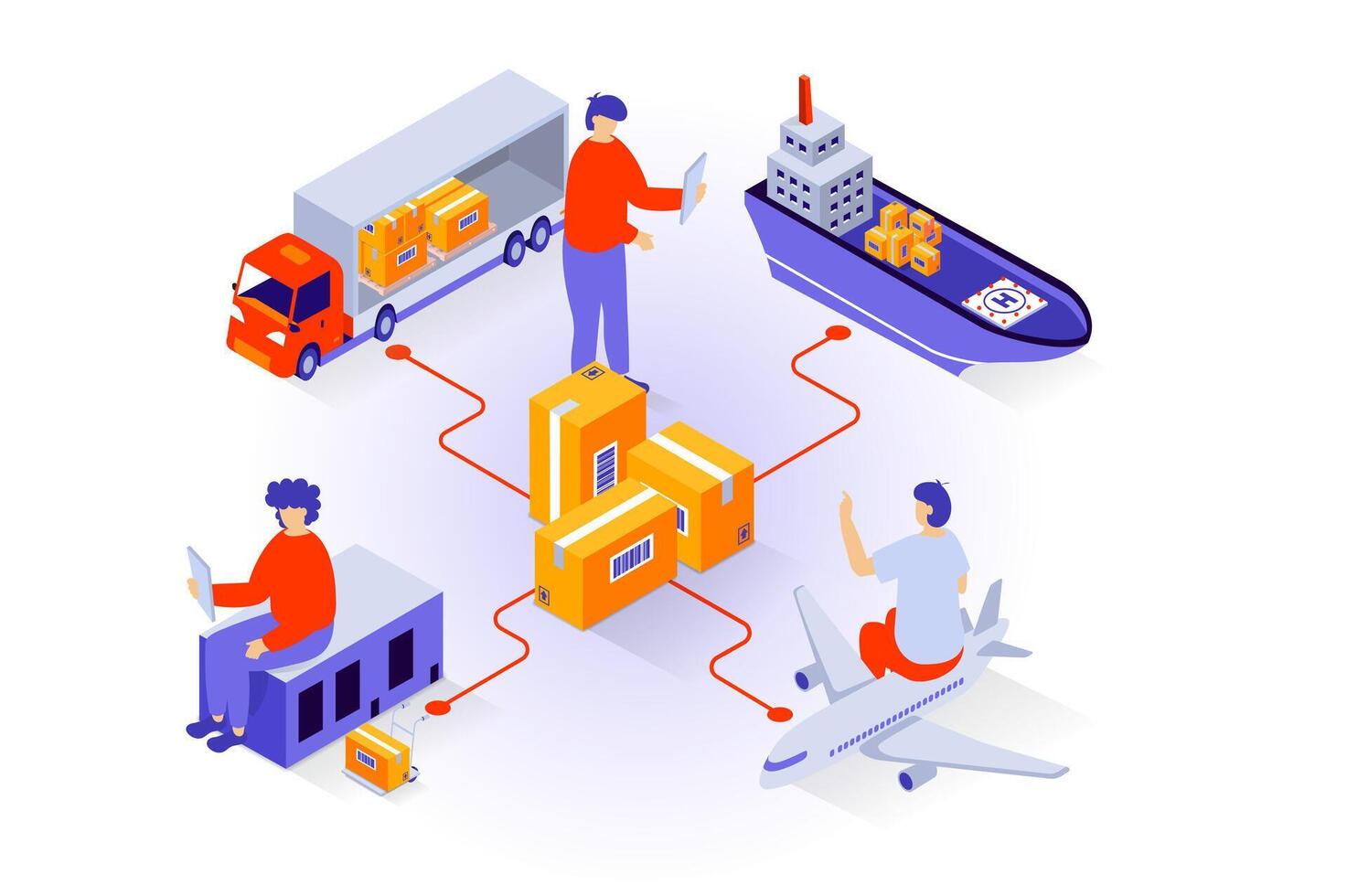 Transportation and logistics concept in 3d isometric design. People working in global delivery company with developed shipping infrastructure. Vector illustration with isometry scene for web graphic