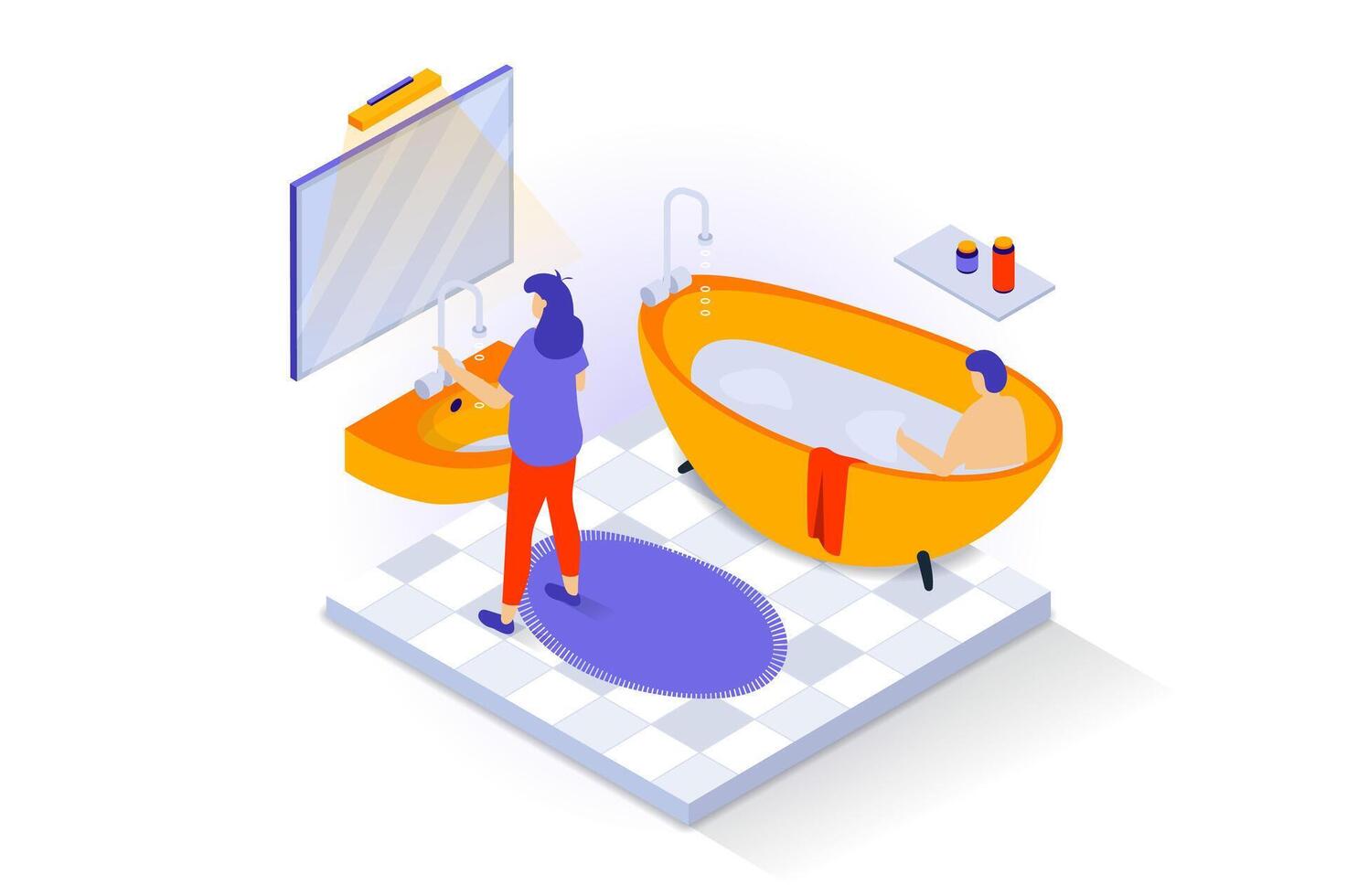 Home interior concept in 3d isometric design. People in bathroom with bathtub, flooring with carpet, mirror and washbasin, shelf with shampoo. Vector illustration with isometry scene for web graphic