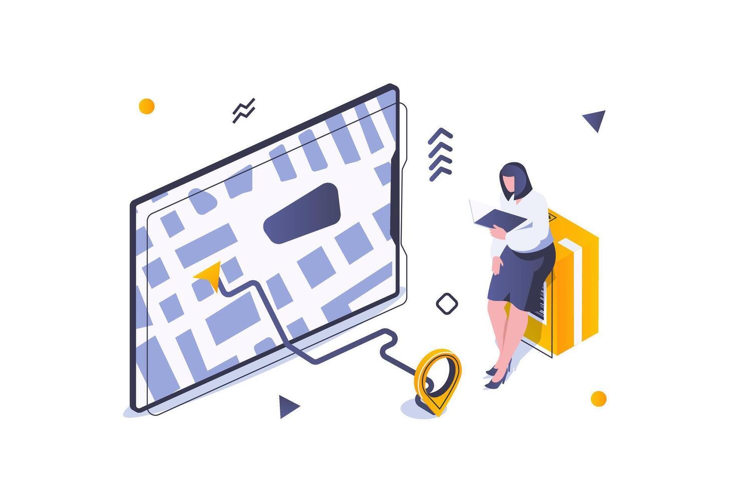 Transportation logistics concept in 3d isometric design. Woman ordering delivery of boxes and tracking route at online map on screen. Vector illustration with isometric people scene for web graphic