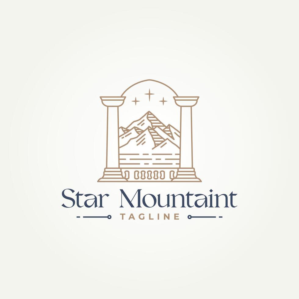 minimalist doorway pillar gate with a mountain view line art logo template vector illustration design