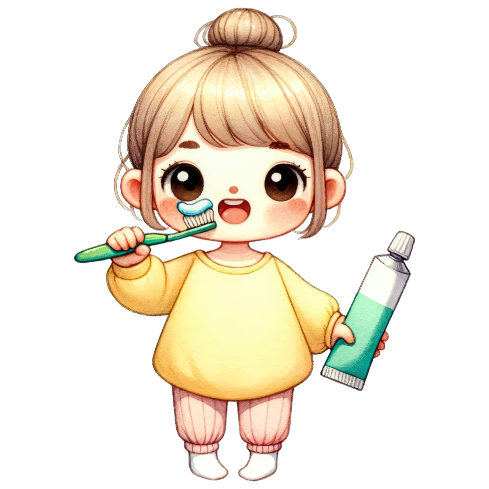 AI generated Watercolor Cute Girl Brushing Her Teeth Clipart AI Generative png