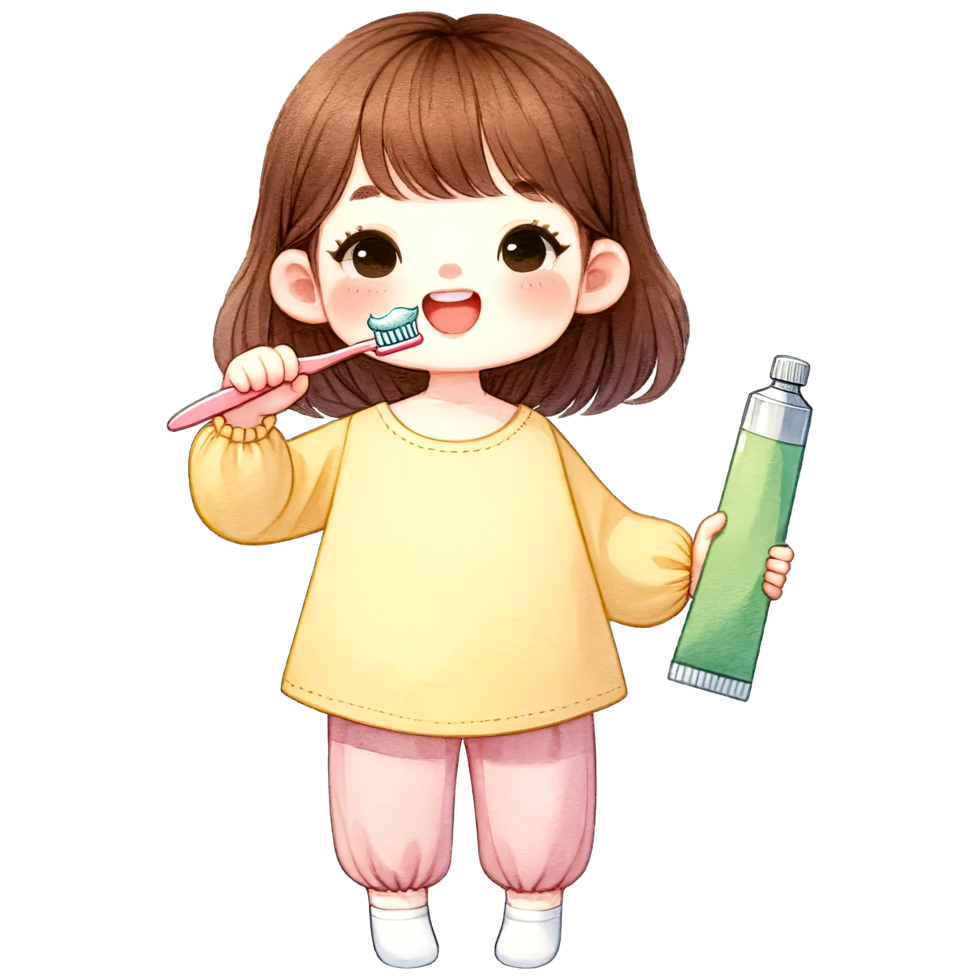 ai gegenereerd waterverf schattig meisje poetsen haar tanden clip art ai generatief png