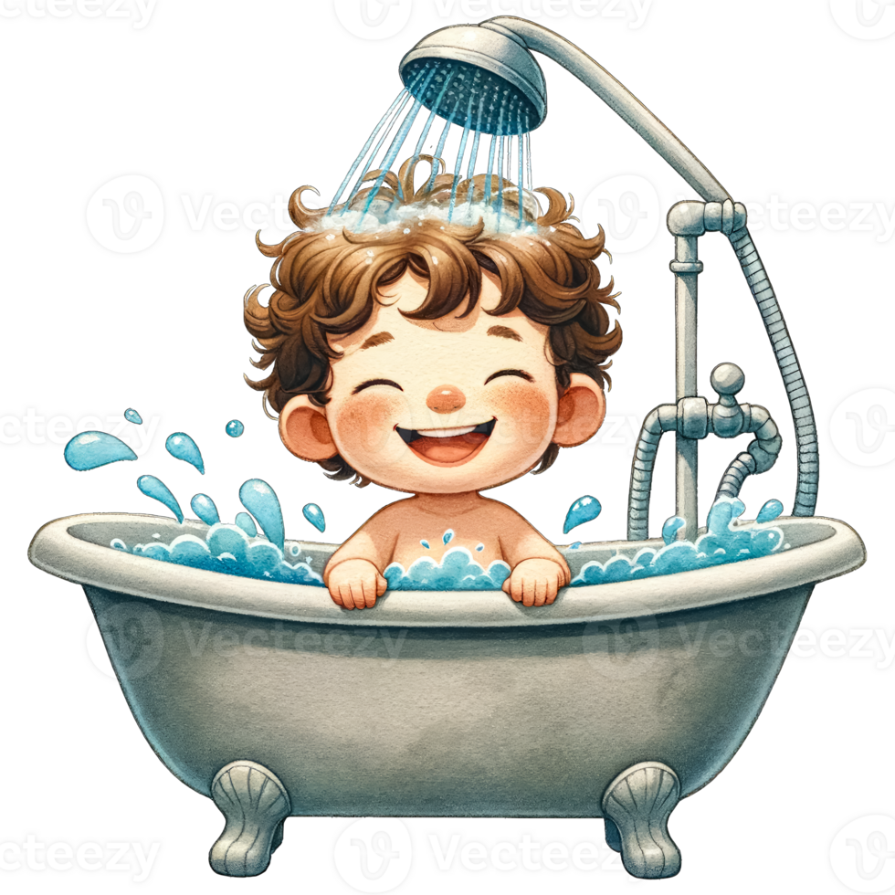 AI generated Watercolor Cute Boy Taking A Bath Clipart AI Generative