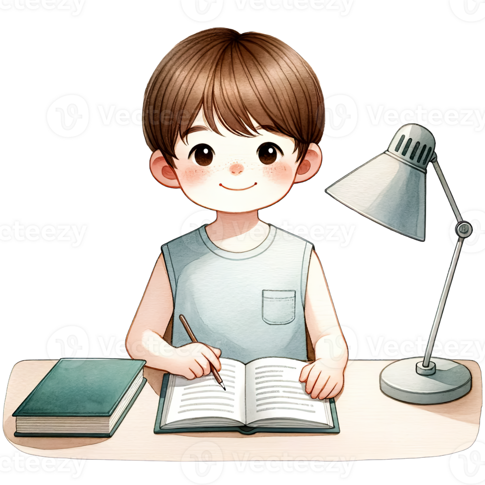 AI generated Watercolor Cute Boy Studying Clipart AI Generative png