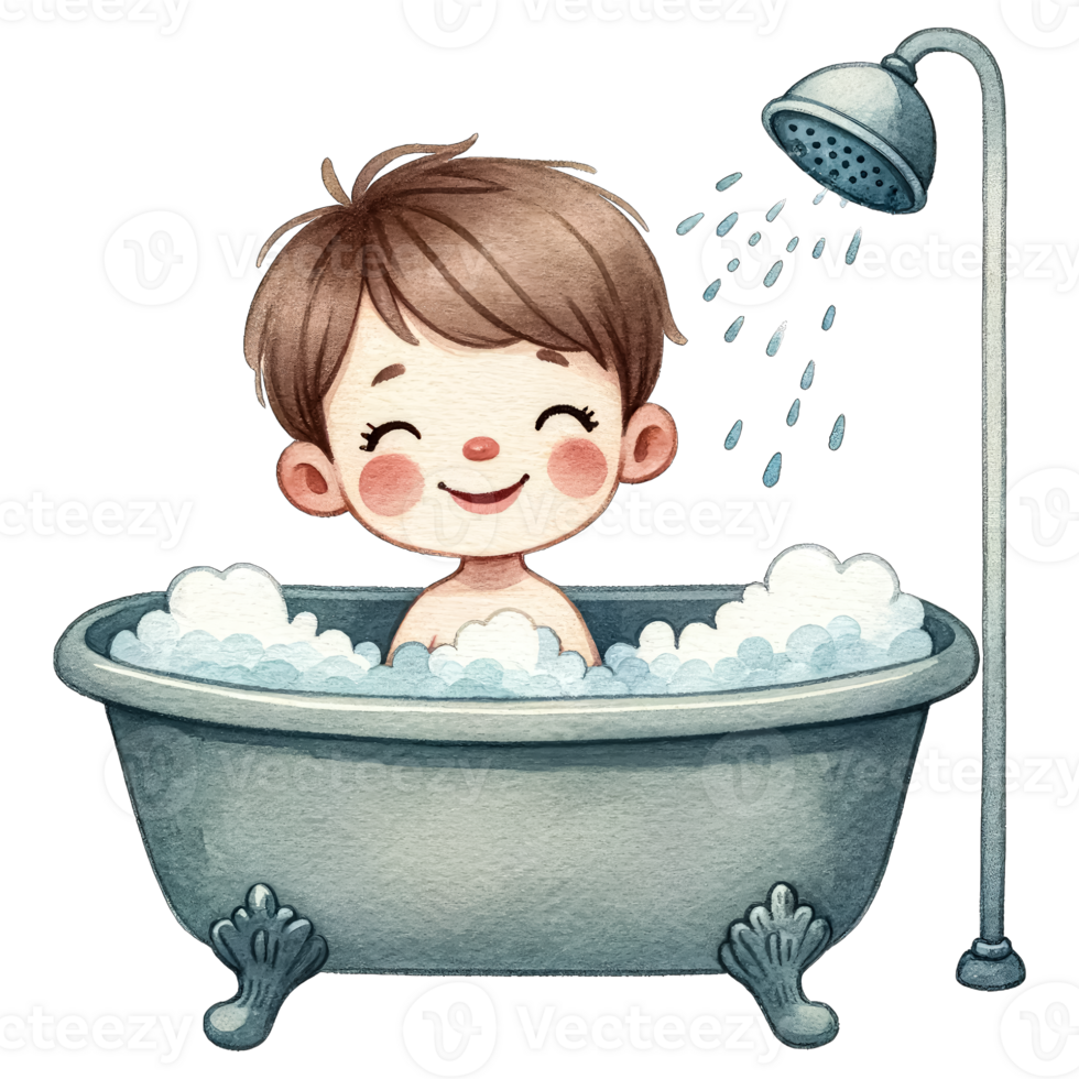 AI generated Watercolor Cute Boy Taking A Bath Clipart AI Generative