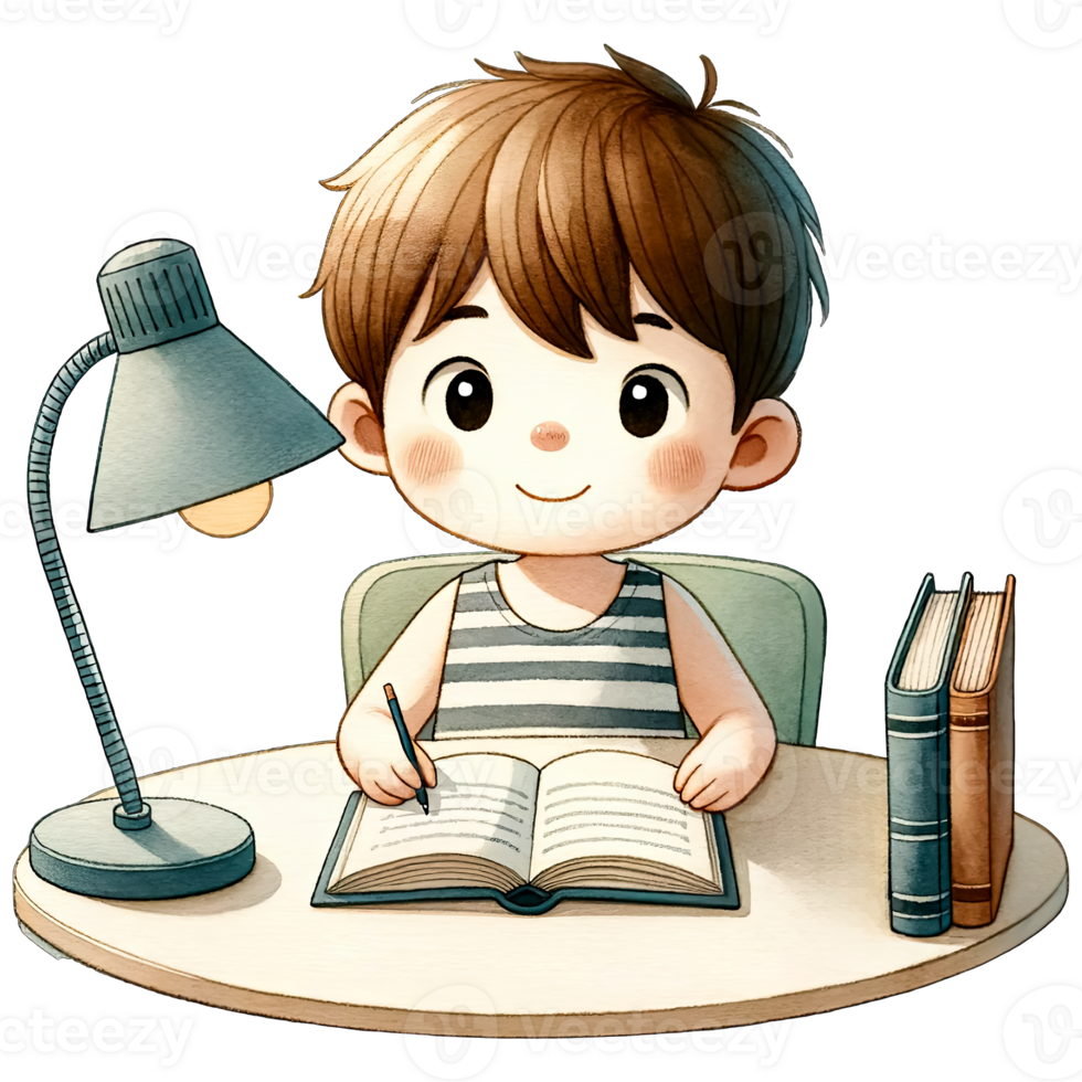 AI generated Watercolor Cute Boy Studying Clipart AI Generative png