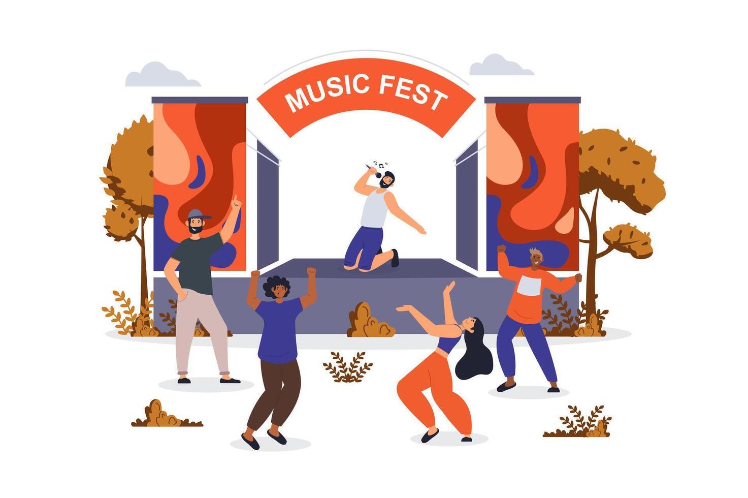 música fest concepto con personaje escena para web. mujer y hombres bailando y escuchando cantante en etapa a música festival. personas situación en plano diseño. vector ilustración para márketing material.