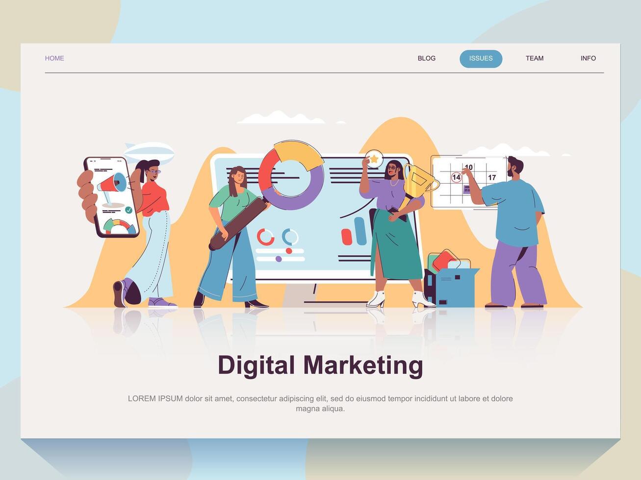Digital marketing web concept for landing page in flat design. Man and woman analyze statistics and market trends and making advertising. Vector illustration with people scene for website homepage
