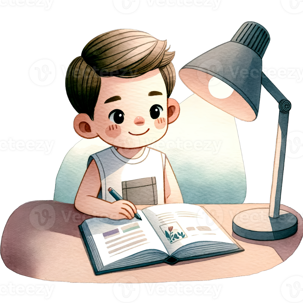 AI generated Watercolor Cute Boy Studying Clipart AI Generative png