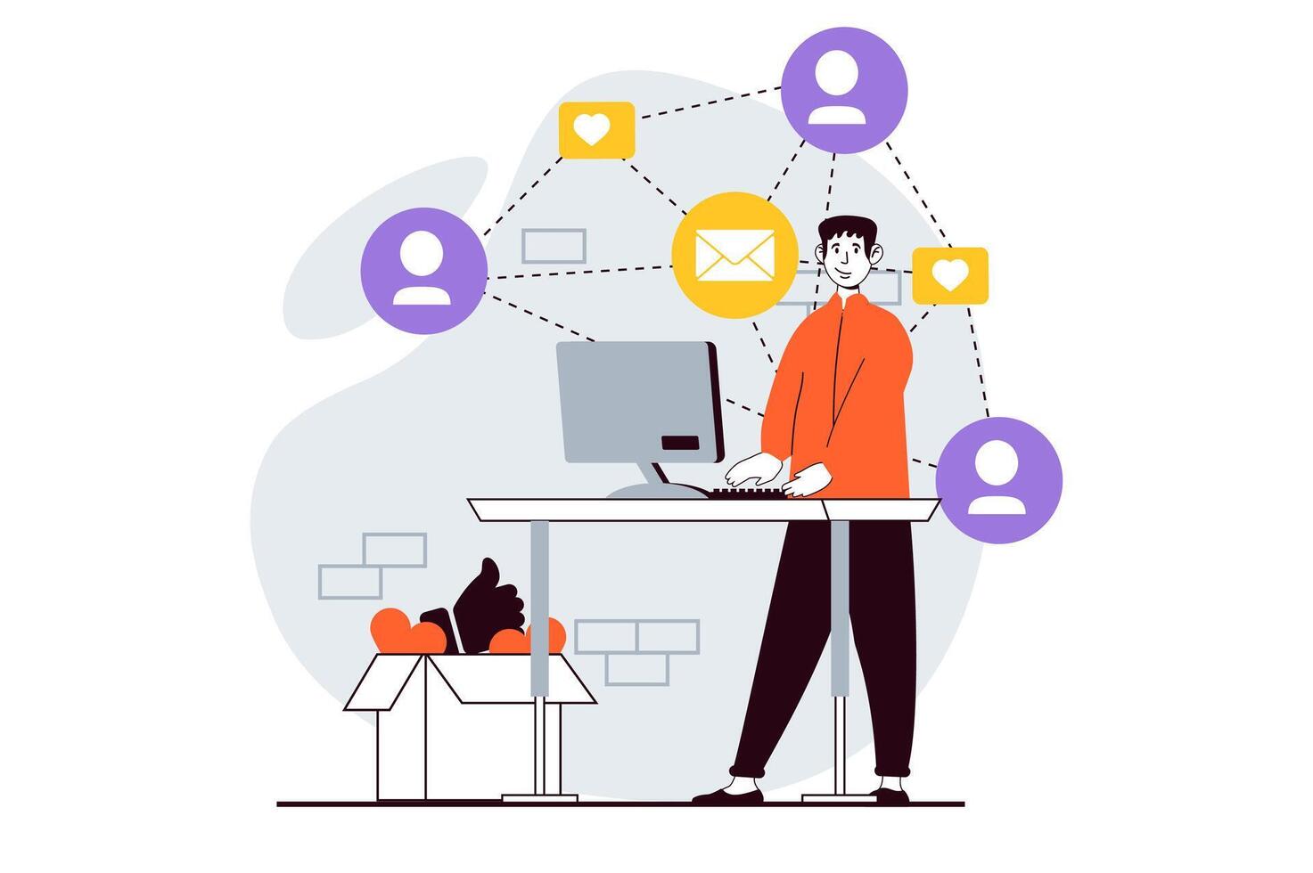 Social network concept with people scene in flat design for web. Man networking, connecting with friends and sending business emails. Vector illustration for social media banner, marketing material.