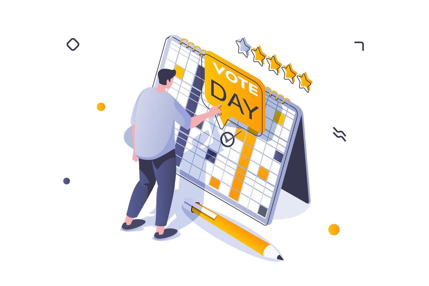 Election and voting concept in 3d isometric design. Man voter marks election day on calendar and planning to come to polling station. Vector illustration with isometric people scene for web graphic