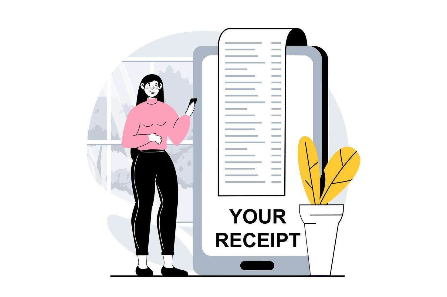 Electronic receipt concept with people scene in flat design for web. Woman receiving digital check and paying in mobile application. Vector illustration for social media banner, marketing material.