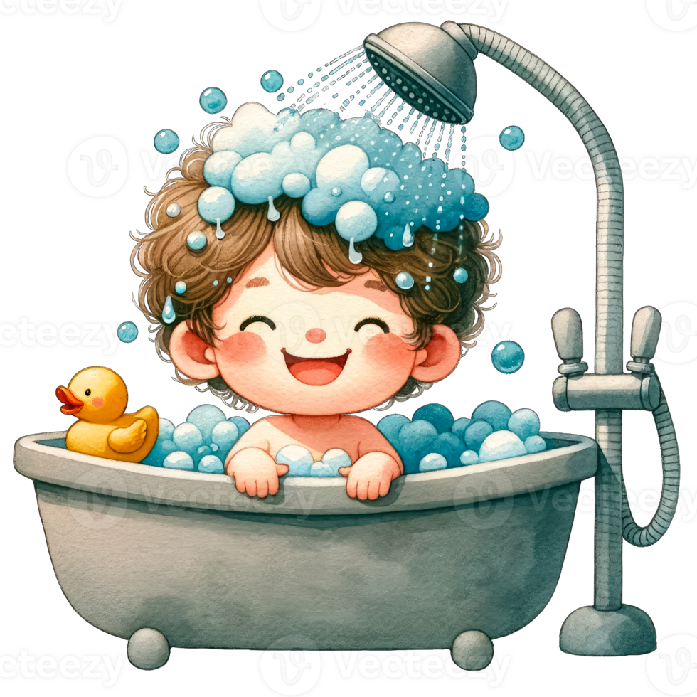 AI generated Watercolor Cute Boy Taking A Bath Clipart AI Generative png