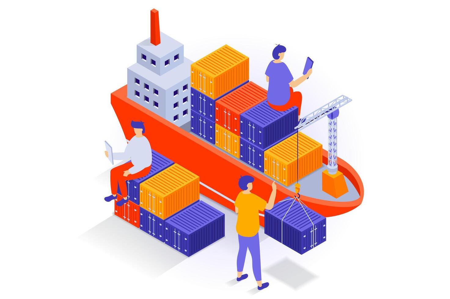 Transportation and logistics concept in 3d isometric design. People work in delivery company with commercial marine shipping by cargo ship. Vector illustration with isometry scene for web graphic