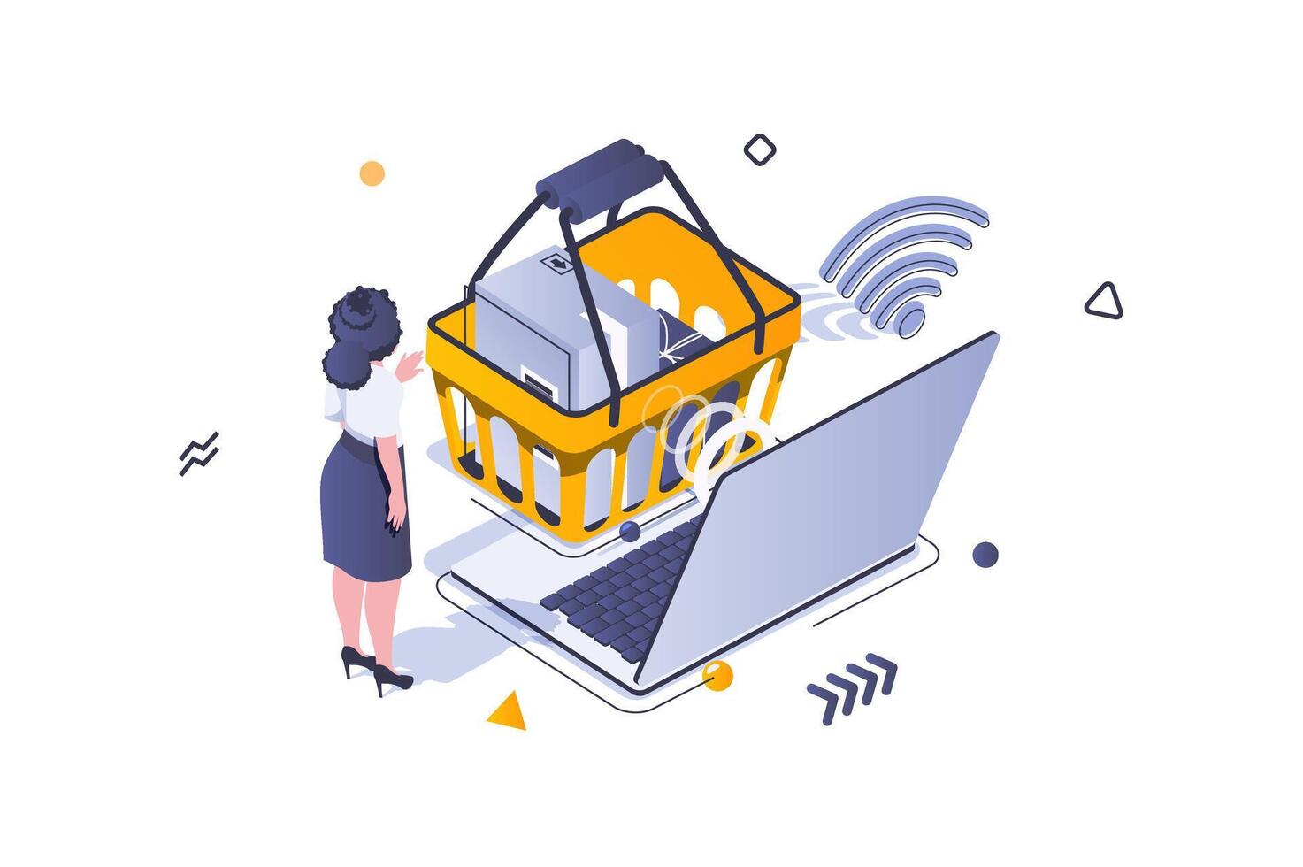 Online shopping concept in 3d isometric design. Woman buying new goods at supermarket and ordering delivery using store site at laptop. Vector illustration with isometric people scene for web graphic