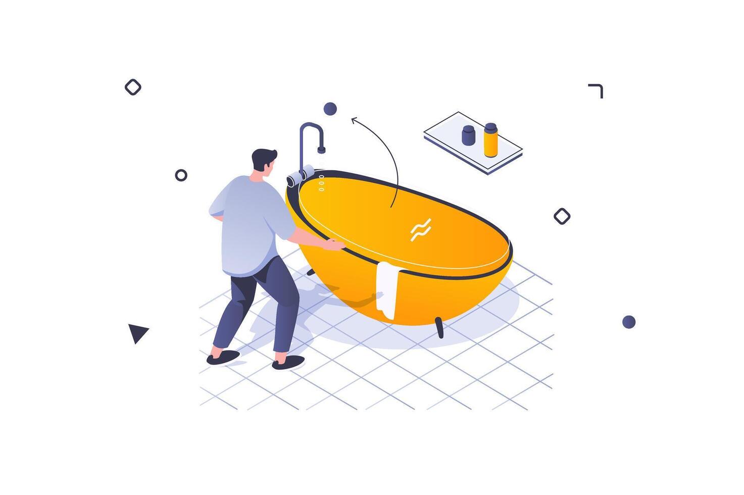 Home interior concept in 3d isometric design. Man stand by bathtub with shelf in bathroom. Furnishing and decoration in living room. Vector illustration with isometric people scene for web graphic