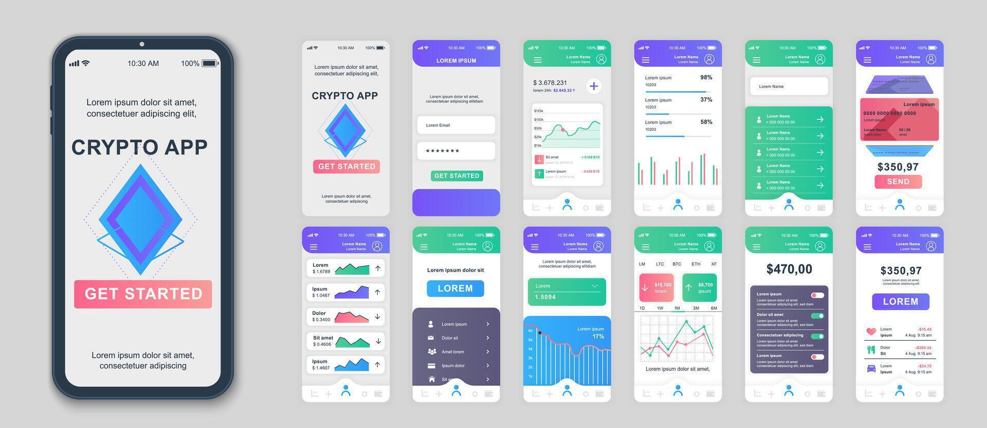 Crypto mobile app screens set for web templates. Pack of profile login, financial statistics, cryptocurrency datum, online trade. UI, UX, GUI user interface kit for cellphone layouts. Vector design