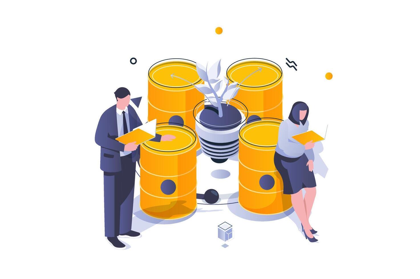 Eco lifestyle concept in 3d isometric design. Ecological fuel barrels storage station, biotechnology technology for alternative sources. Vector illustration with isometric people scene for web graphic