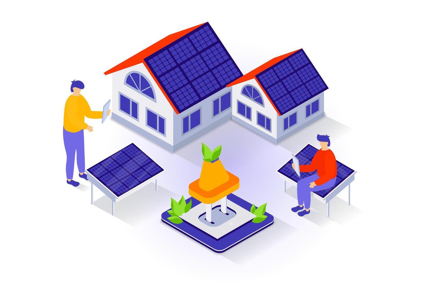 Eco lifestyle concept in 3d isometric design. People using solar panels on house roofs for generate electricity, managing smart home system. Vector illustration with isometry scene for web graphic