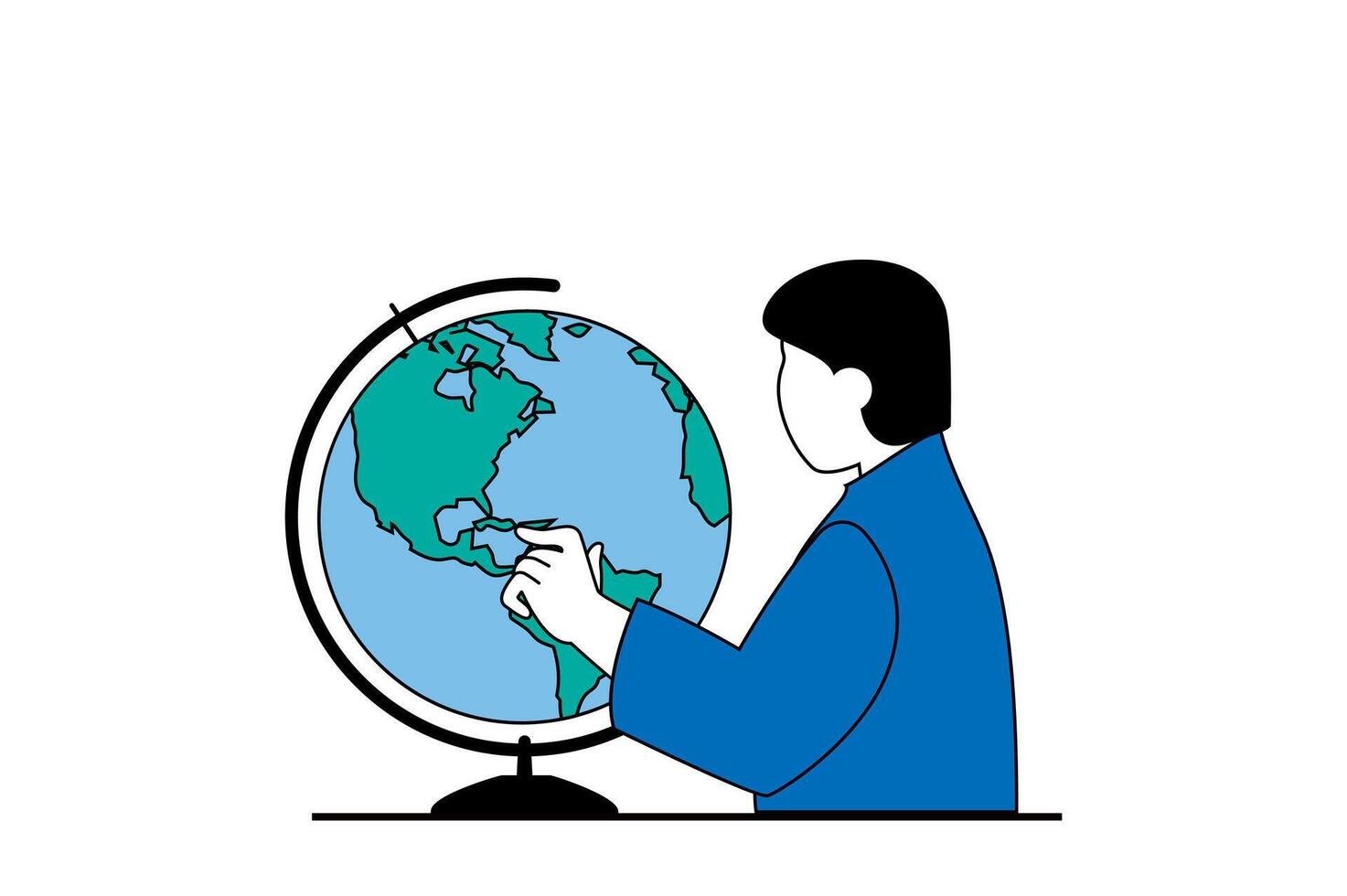 Education concept with people scene in flat web design. Student learning geography and researching world map at globe in classroom. Vector illustration for social media banner, marketing material.
