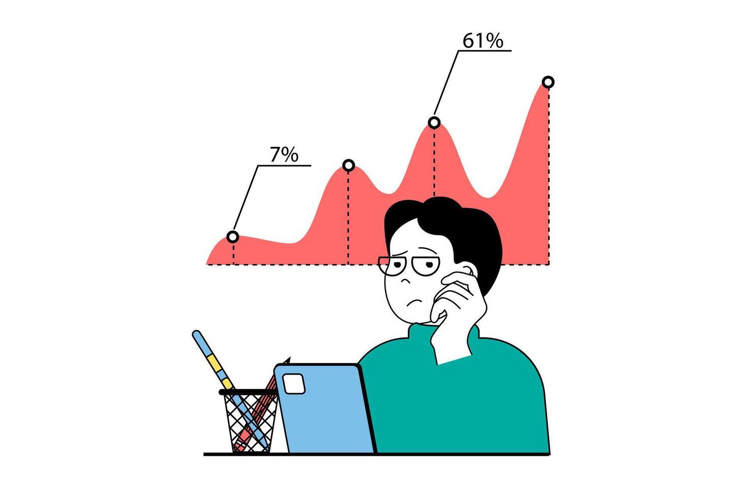 Crisis management concept with people scene in flat web design. Man working with data graph and getting financial challenge at company. Vector illustration for social media banner, marketing material.