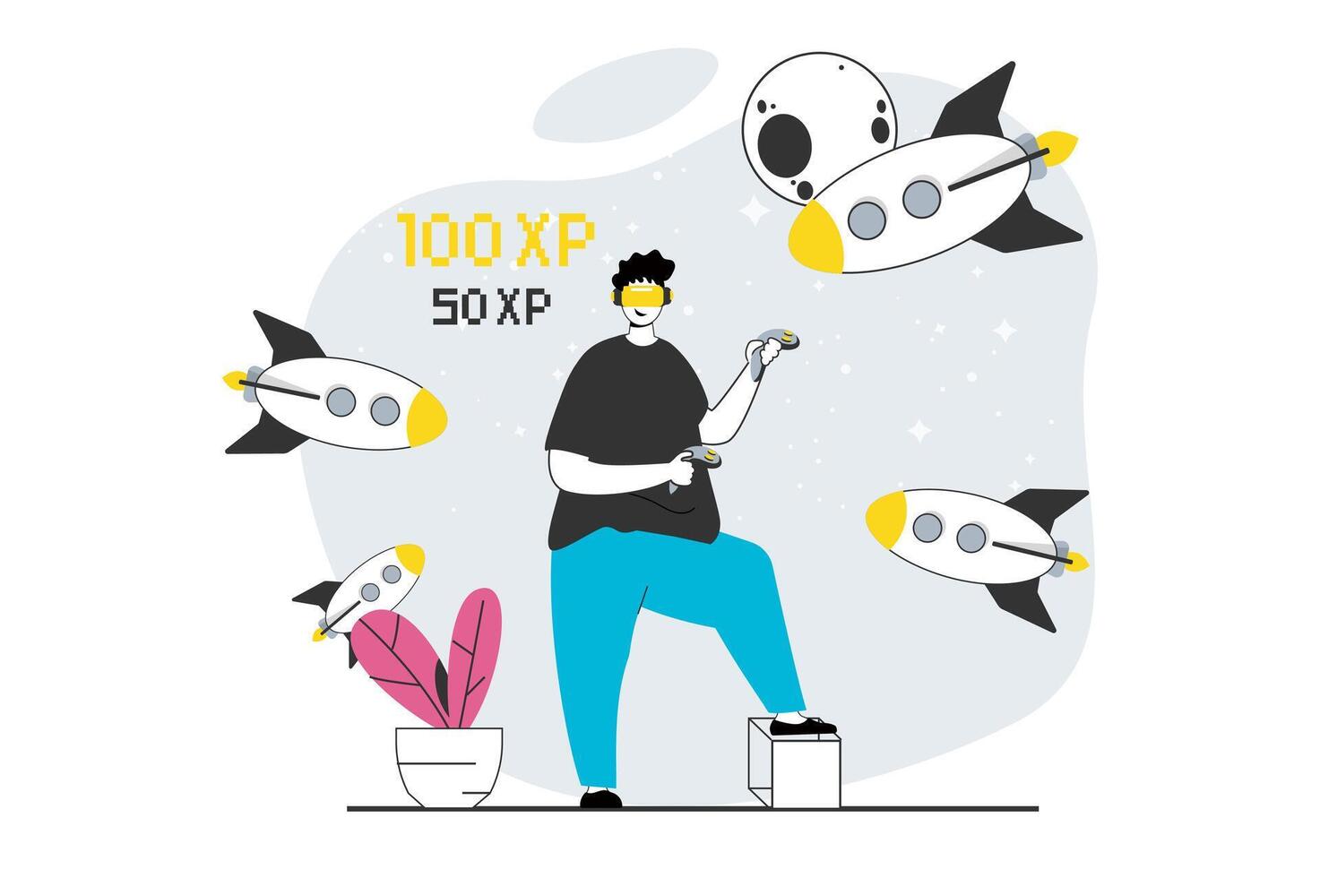 Virtual reality concept with people scene in flat design for web. Man in VR headset playing cosmic game with rockets flying simulation. Vector illustration for social media banner, marketing material.