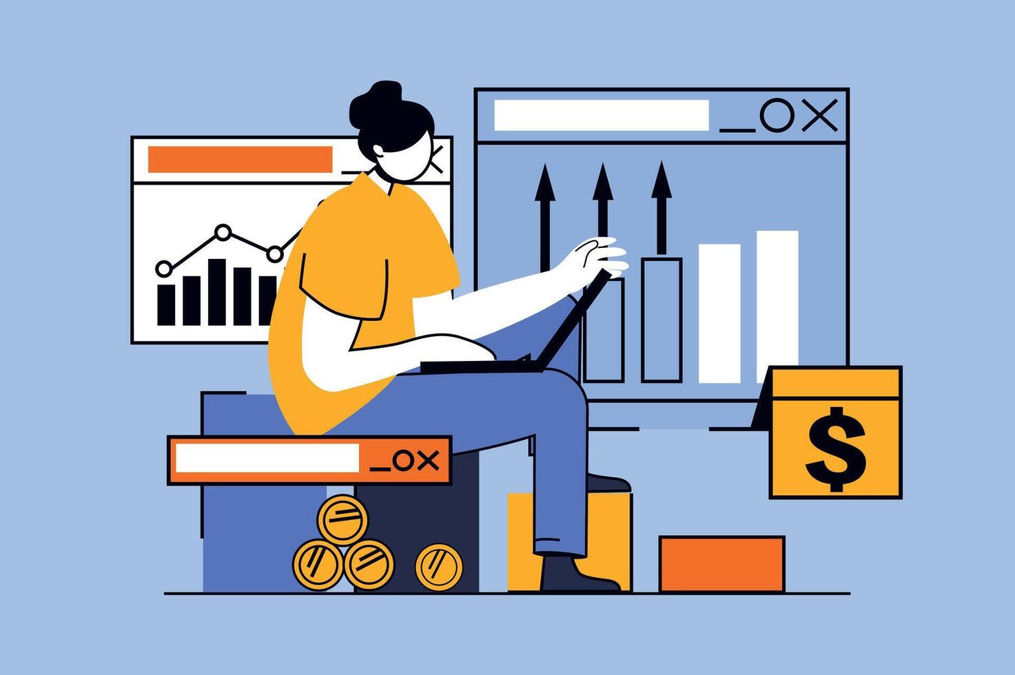 Financial budget concept with people scene in flat design for web. Woman calculating budget and making accounting of her money balance. Vector illustration for social media banner, marketing material.