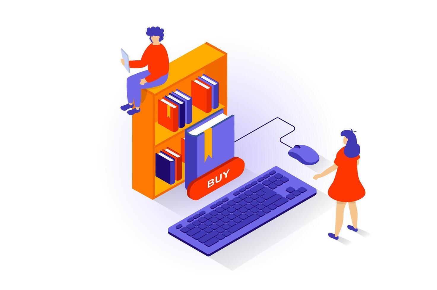 Online shopping concept in 3d isometric design. People making purchases in bookstore webpage and ordering ebooks, get digital library access. Vector illustration with isometry scene for web graphic