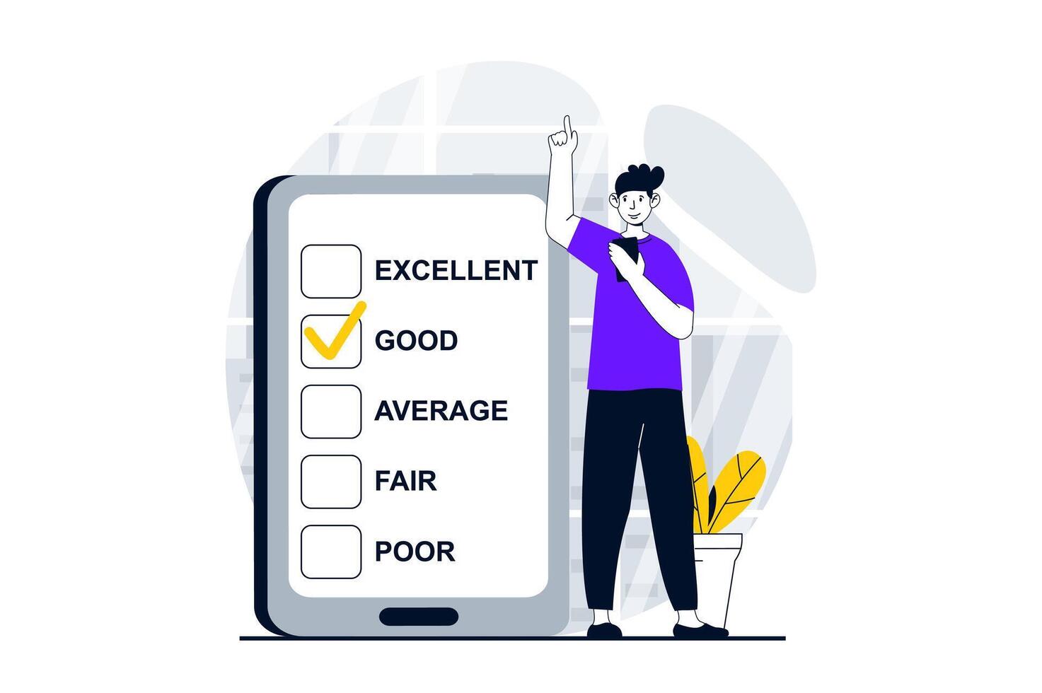 Feedback page concept with people scene in flat design for web. Man choosing good evaluation in questionnaire checklist in mobile app. Vector illustration for social media banner, marketing material.