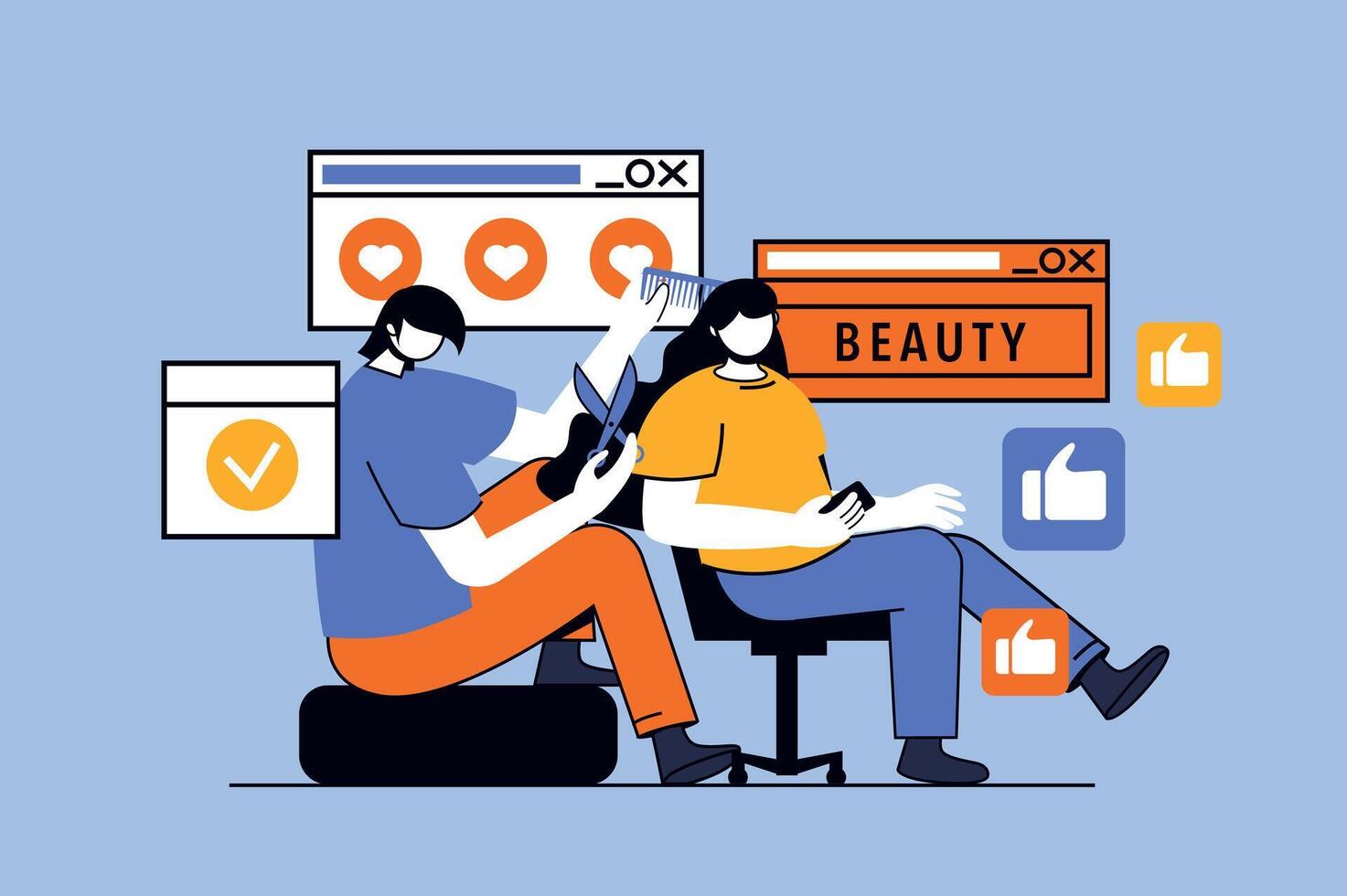 Beauty salon concept with people scene in flat design for web. Hairdresser with comb and scissor makes haircut or procedure for client. Vector illustration for social media banner, marketing material.