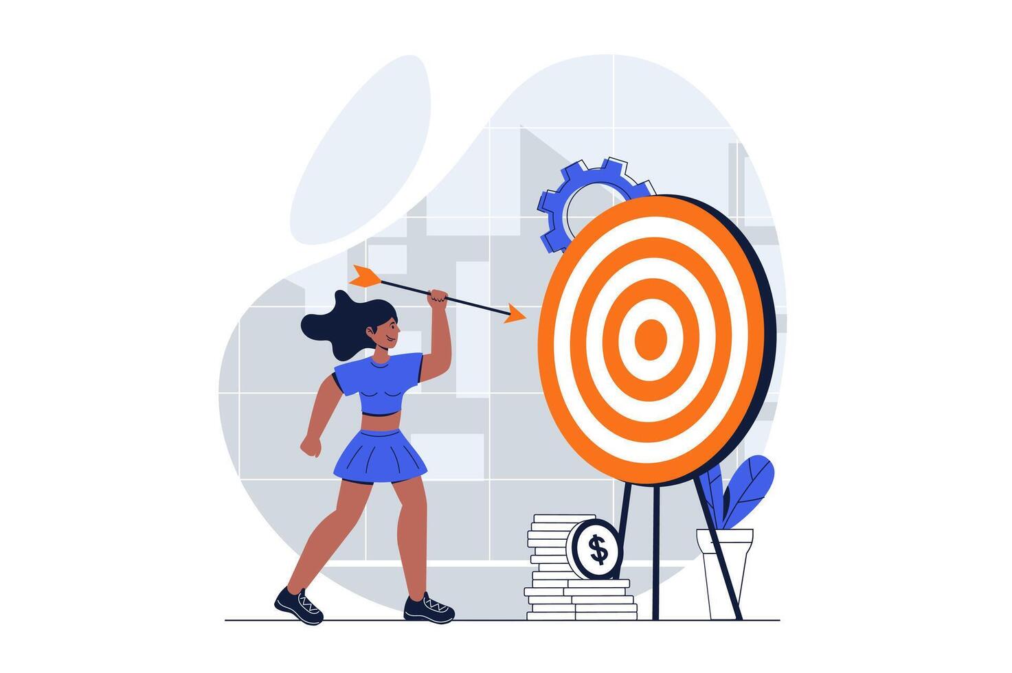 Business target web concept with character scene. Woman hits target with arrow, achieves results and profit. People situation in flat design. Vector illustration for social media marketing material.