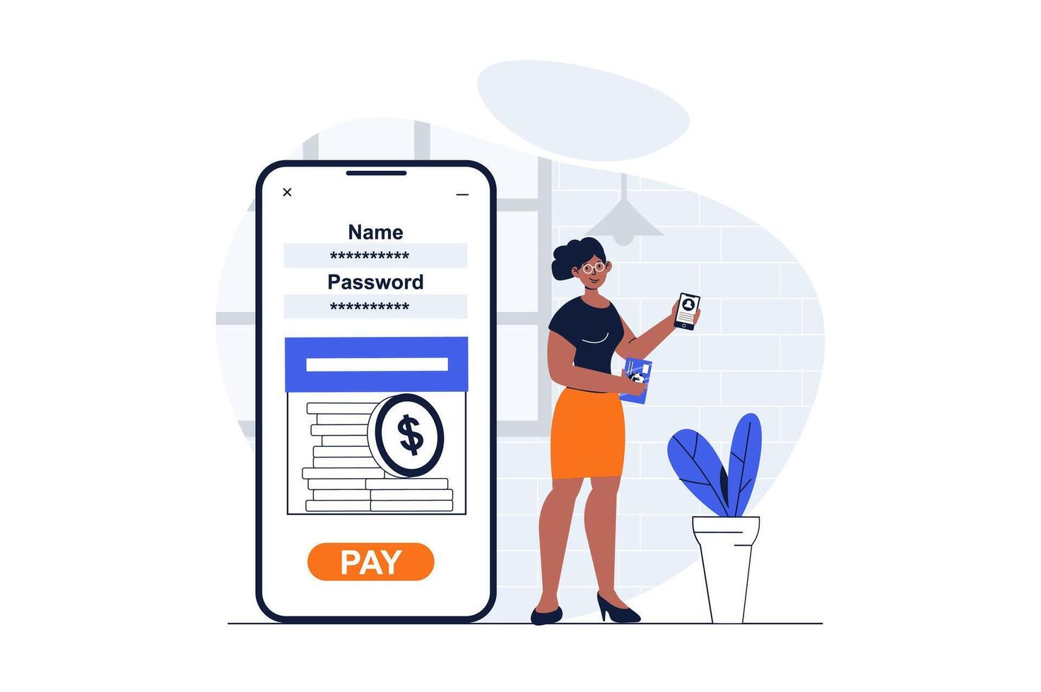 Mobile banking web concept with character scene. Woman manages finances and access to account in application. People situation in flat design. Vector illustration for social media marketing material.