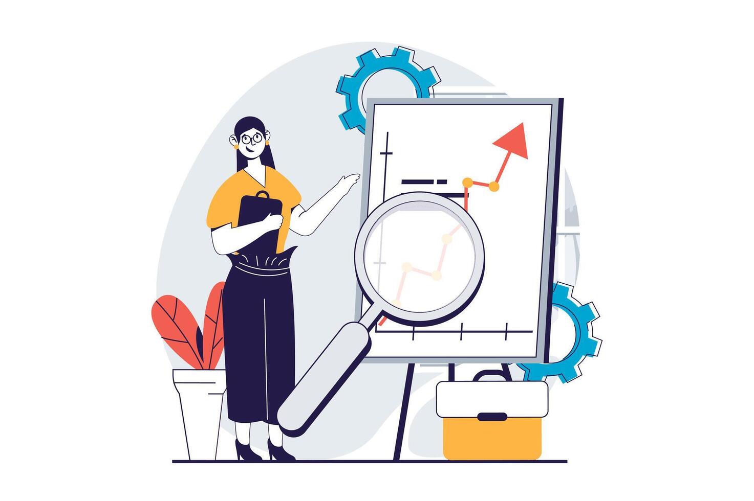 Global economic concept with people scene in flat design for web. Businesswoman researching and analyzes world financial data growth. Vector illustration for social media banner, marketing material.